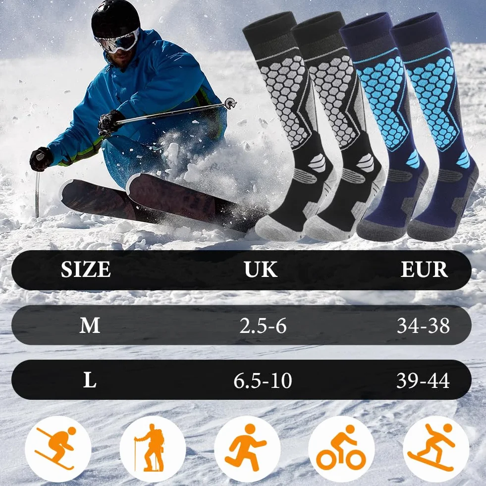 flintronic 2 pary skarpet narciarskich, skarpety narciarskie z wełny merynosów, oddychające skarpety kompresyjne do kolan na zimną pogodę, wędrówki, polowanie, snowboard