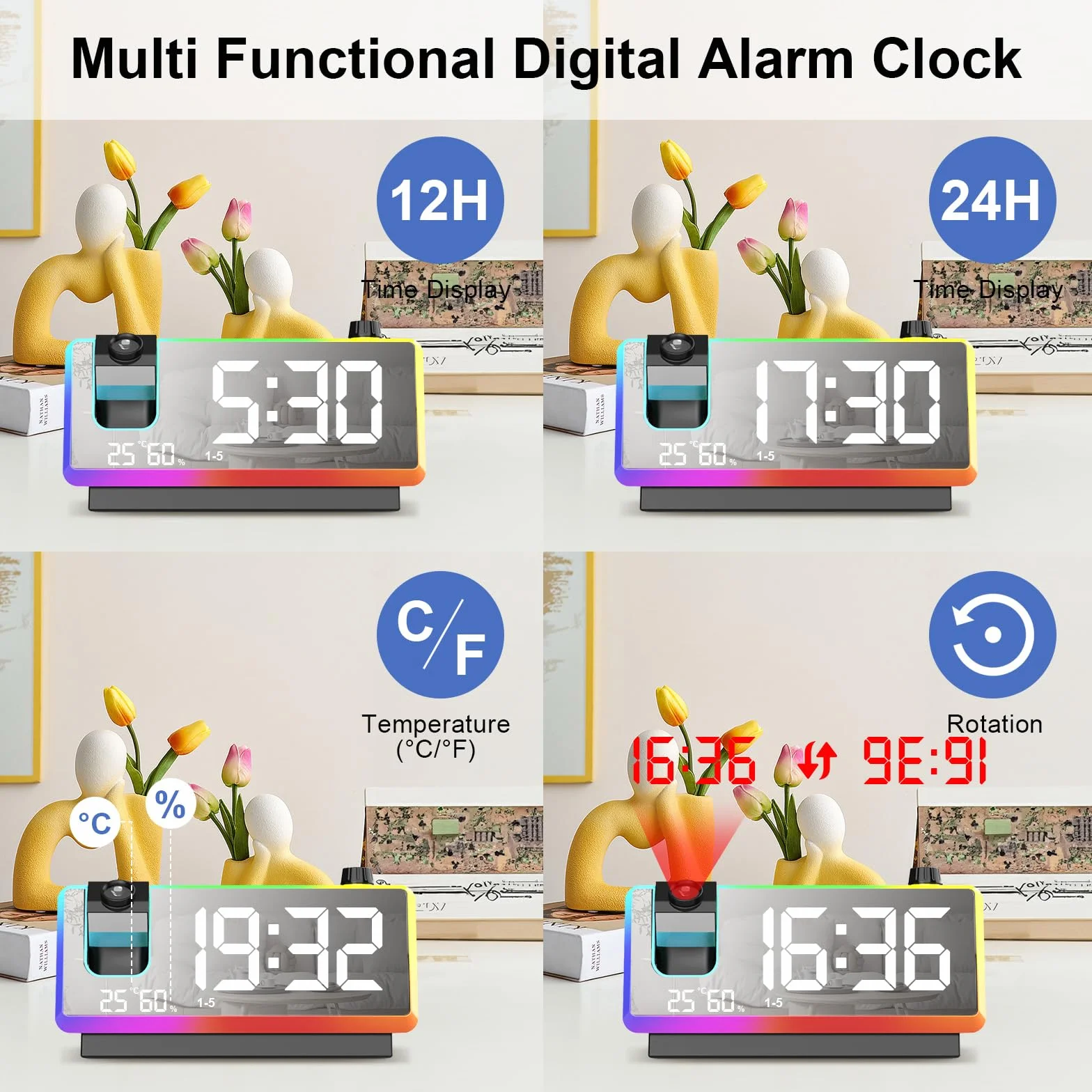 Cuteefun Budzik z projektorem, cyfrowy budzik z dużym wyświetlaczem LED 7", 8 trybów świecenia RGB, projektor 180°, 2 czasy budzenia, podwójne złącze USB, temperatura i wilgotność powietrza