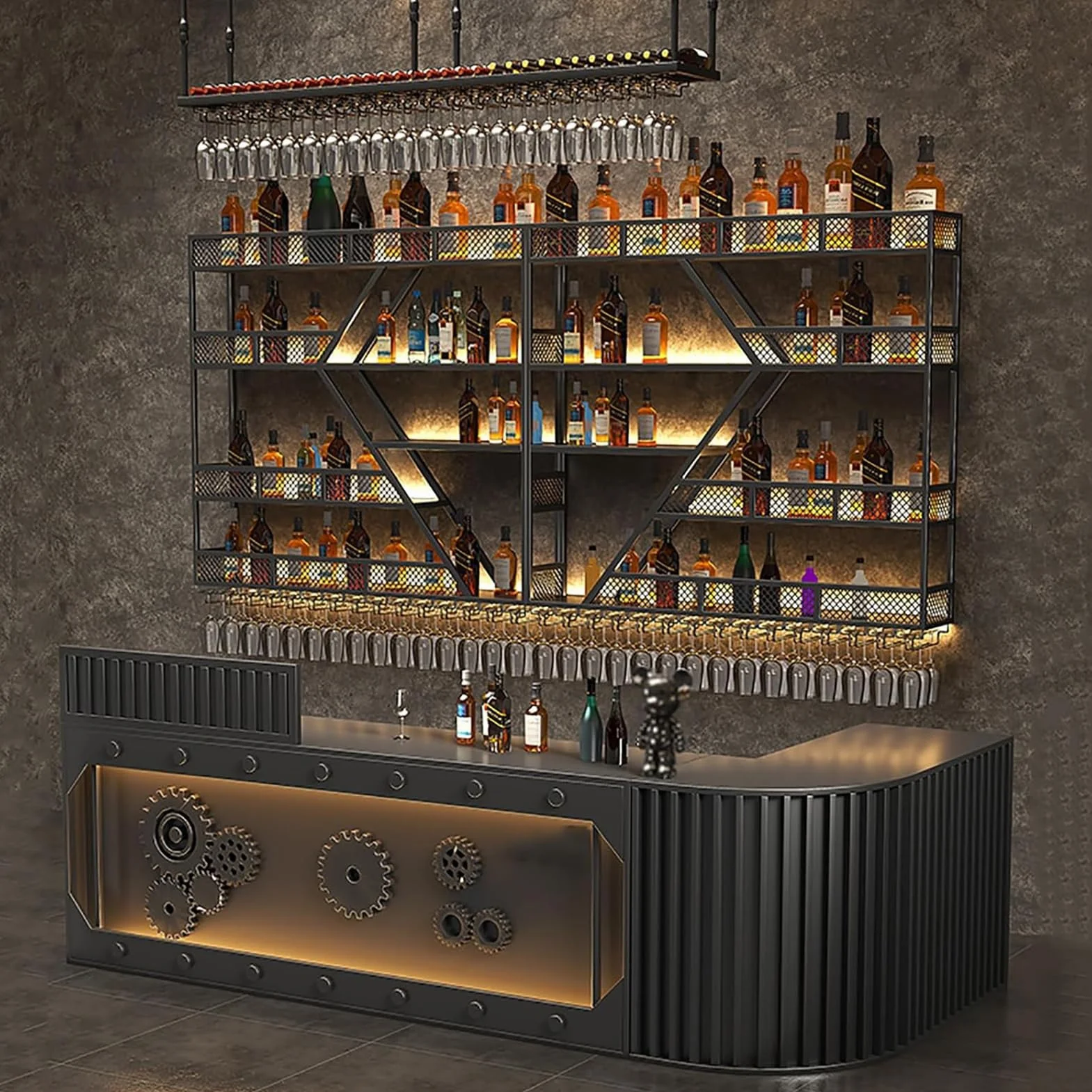 Metalowy regał na wino z oświetleniem LED i modułowym uchwytem na butelkę wina do domu