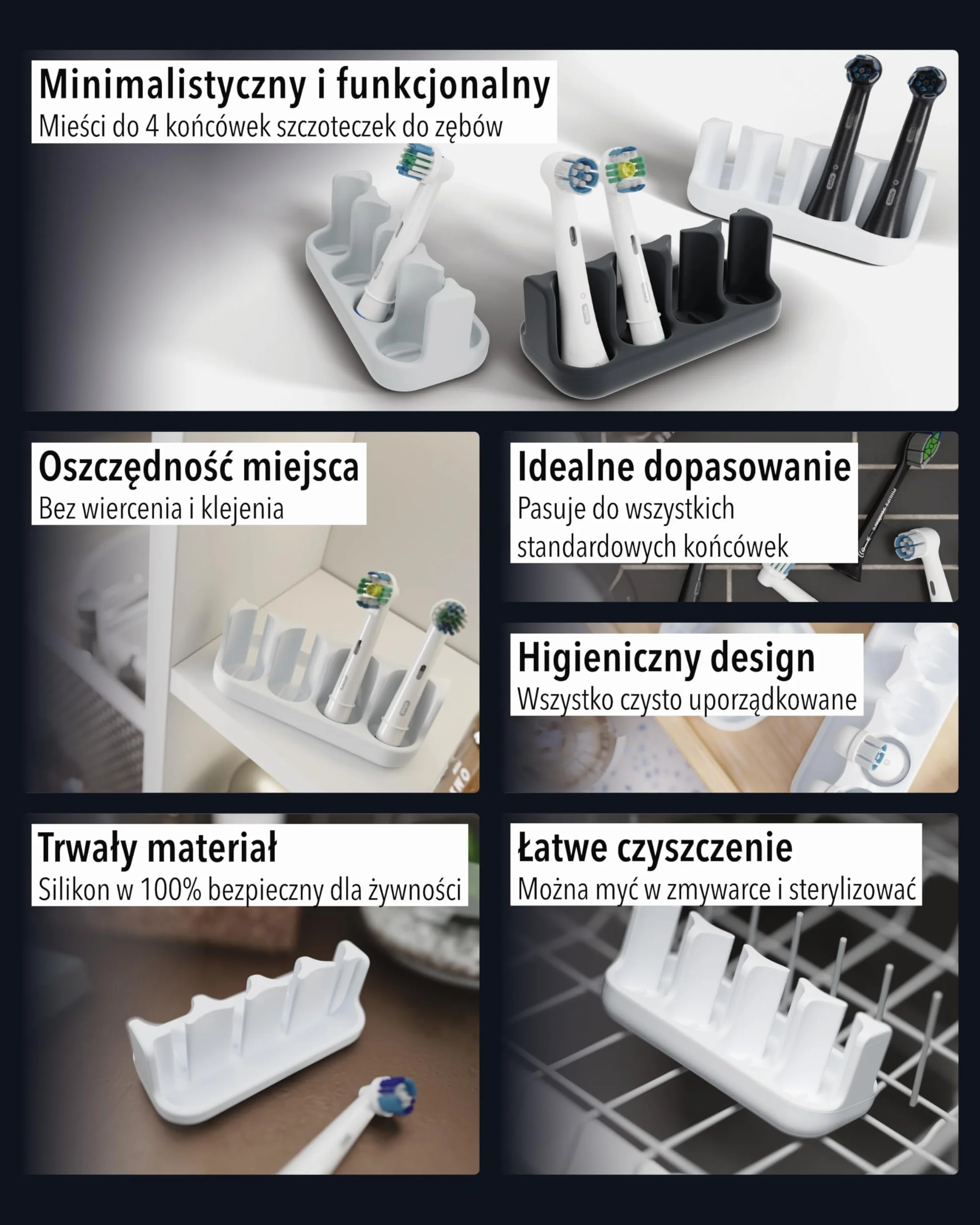 Qikfresh - Uchwyt na 4 końcówki do szczoteczek - Kompatybilny z Oral-B, iO, Philips Sonicare, Waterpik, Fairywill - Silikon spożywczy (Biały)