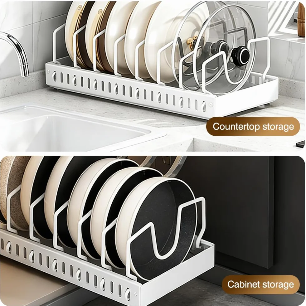 Uchwyt pokrywki do szuflady, organizer na pokrywkę, wysuwany, uchwyt na pokrywkę z 12 przegródkami, regulowany organizer na garnki i patelnie, uchwyt na patelnie, do szuflady, szafy, 42 x