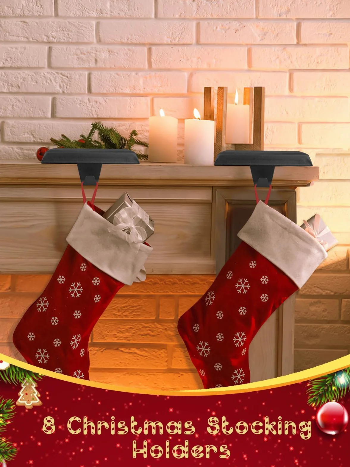 EBANKU Świąteczny uchwyt na skarpety, black 8 szt. metalowe haczyki do zawieszania, antypoślizgowy wiszący hak do kominka, wieszaki na pończochy，Christmas Stocking Hanger