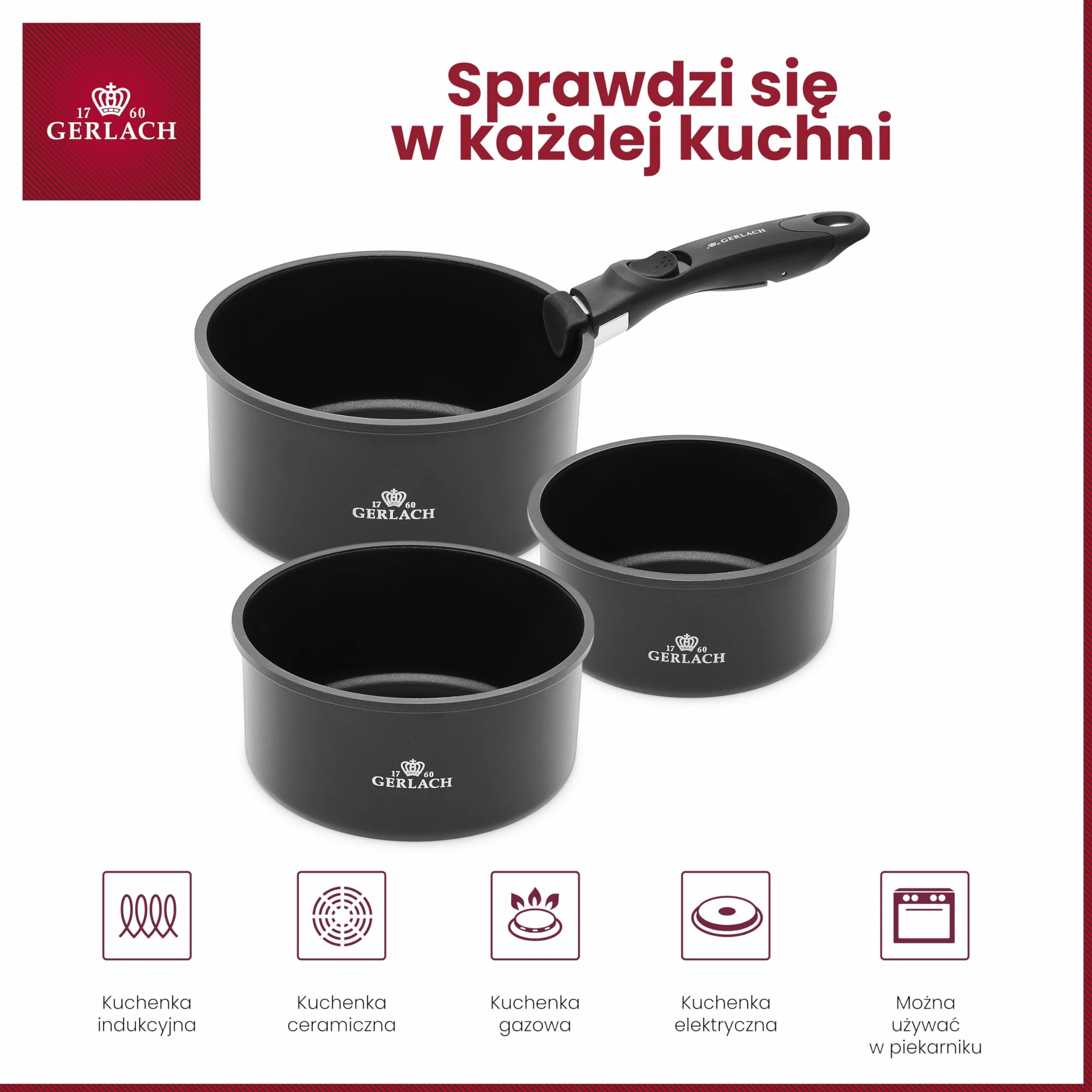Gerlach Smart Zestaw Garnków Ceramicznych 16 cm 18 cm 20 cm Czarny