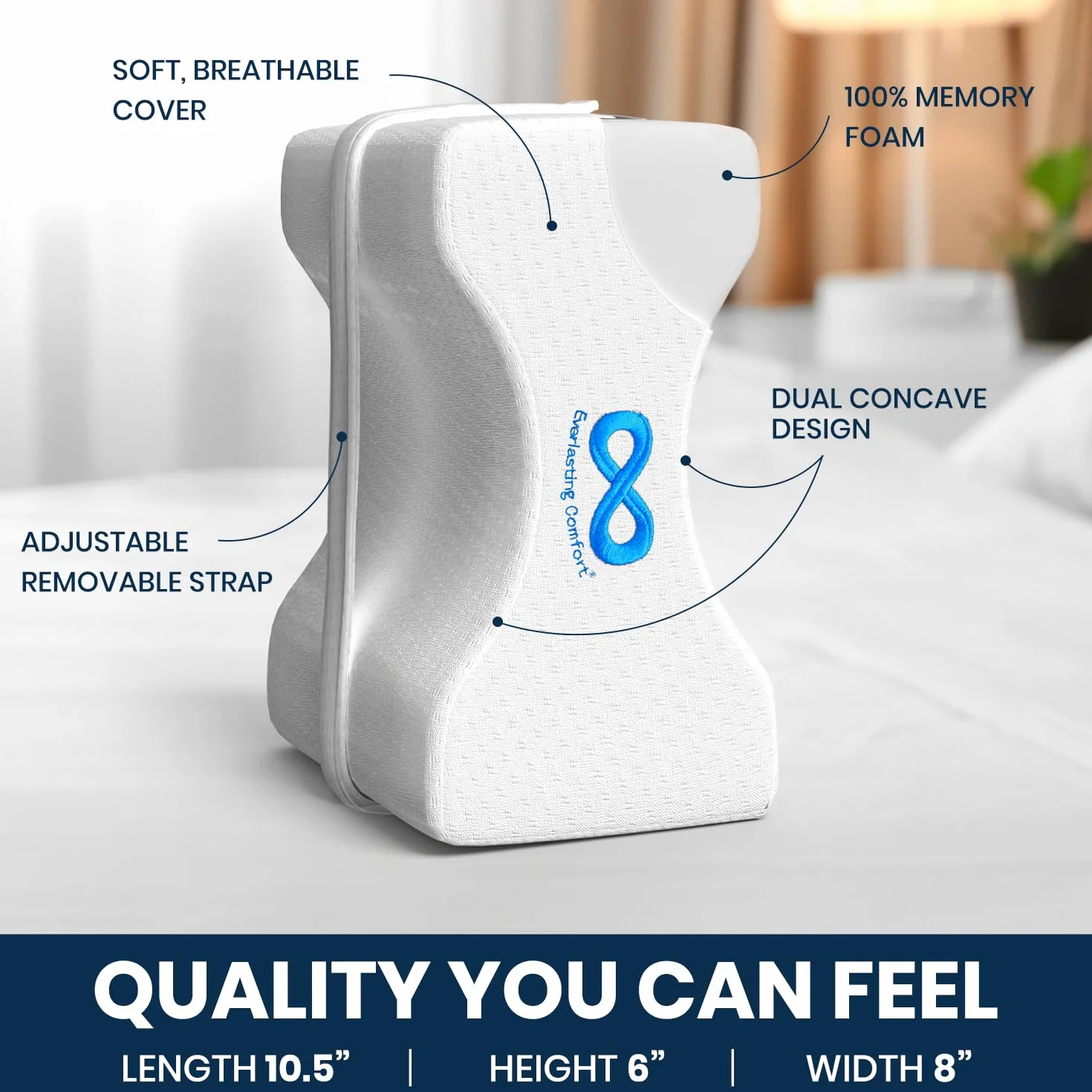 Everlasting Comfort - Poduszka do kolan z czystej pianki z pamięcią kształtu z regulowanym i odpinanym paskiem - zatyczki do uszu w zestawie - Poduszka do spania