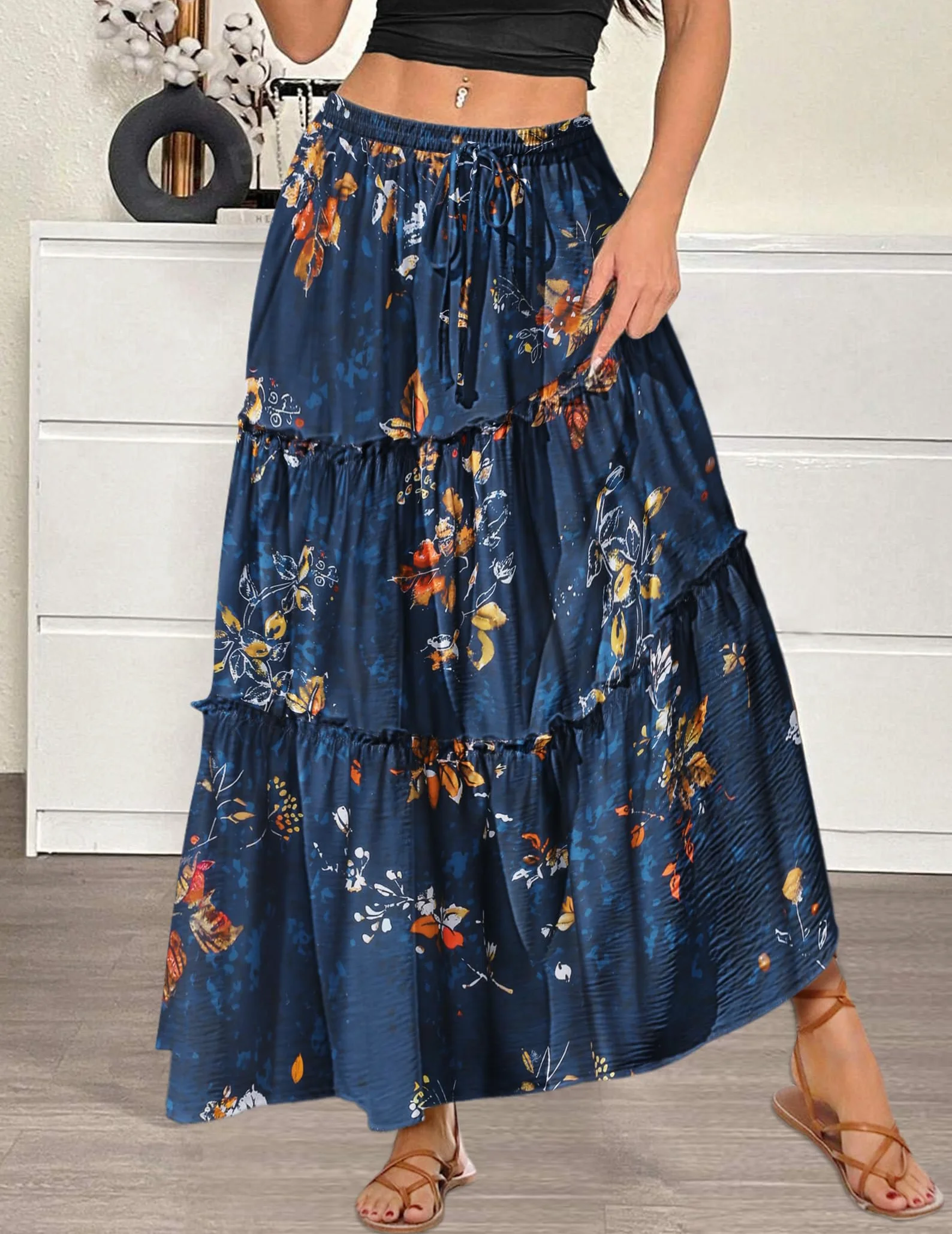 Hotouch Spódnica damska, wysoka talia, elegancka spódnica maxi, linia A, warstwowa, ze ściągaczem, spódnica w kwiaty, z kieszeniami