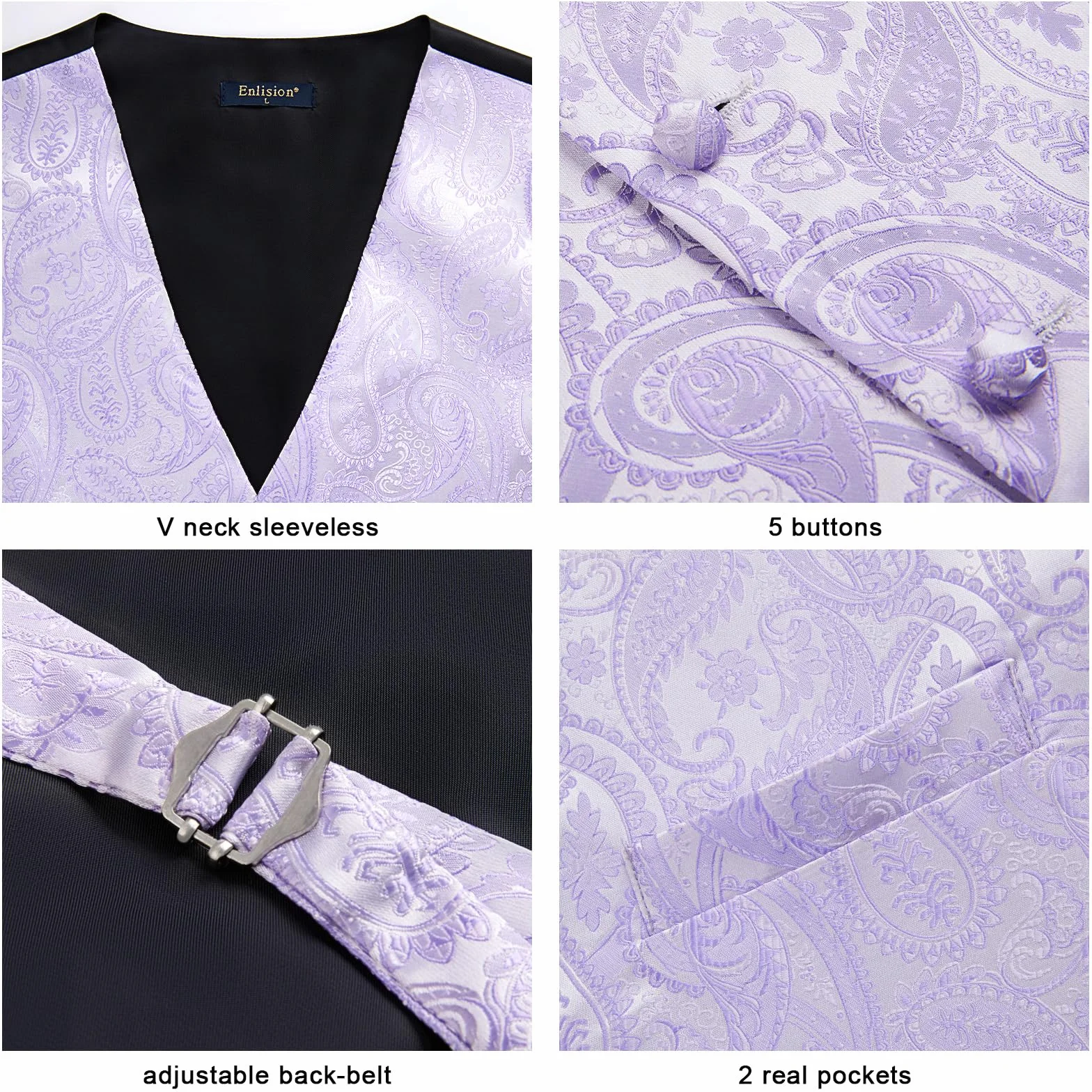 Enlision Męska kamizelka, paisley, krawat, poszetka, zestaw na wesele, imprezę, do biznesu, XS-6XL