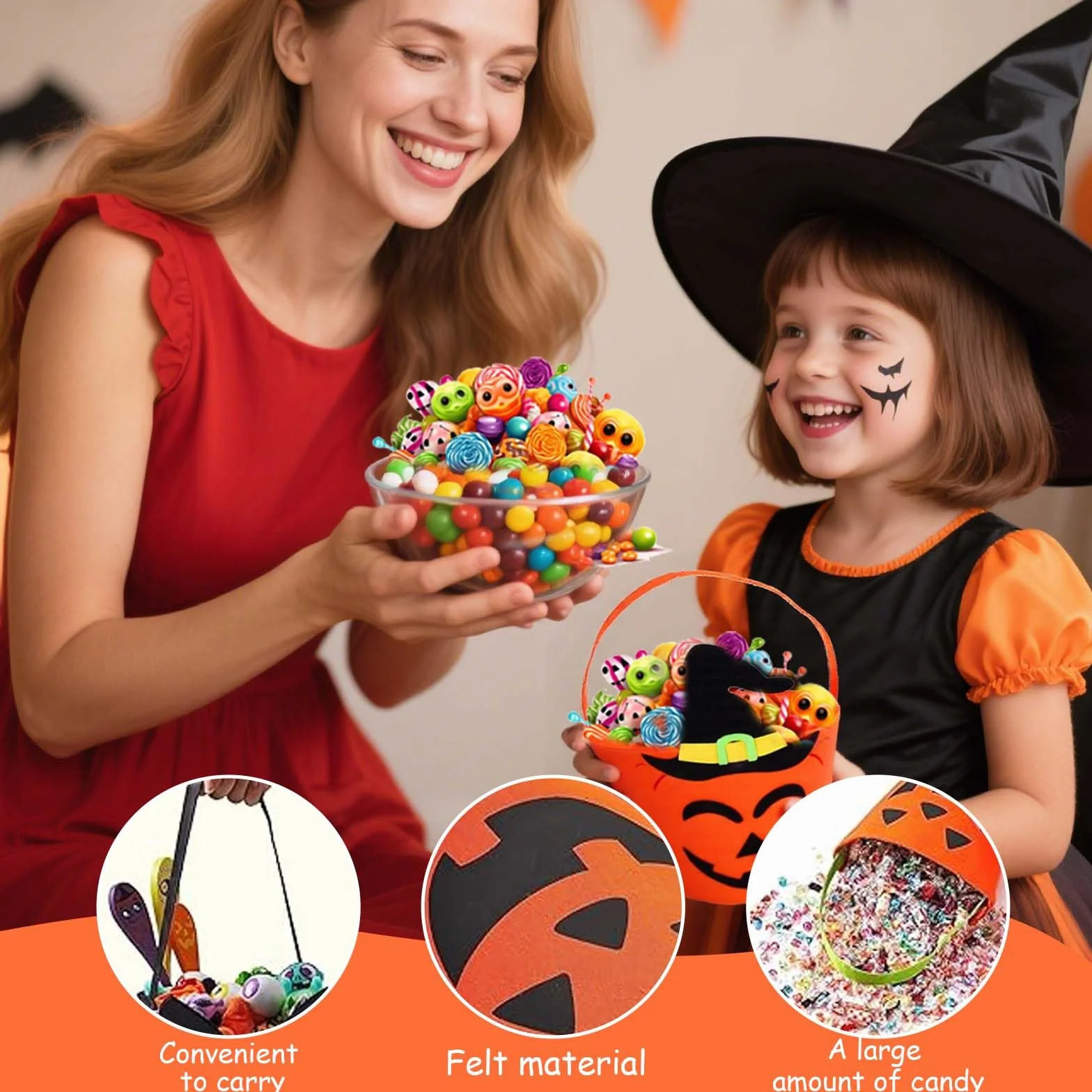 Zestaw wiader na Halloween, 2 filcowe kosze na słodycze z motywem dyni i nietoperza, kosz na Halloween dla dzieci, miska na słodycze do kolekcjonowania i dekorowania