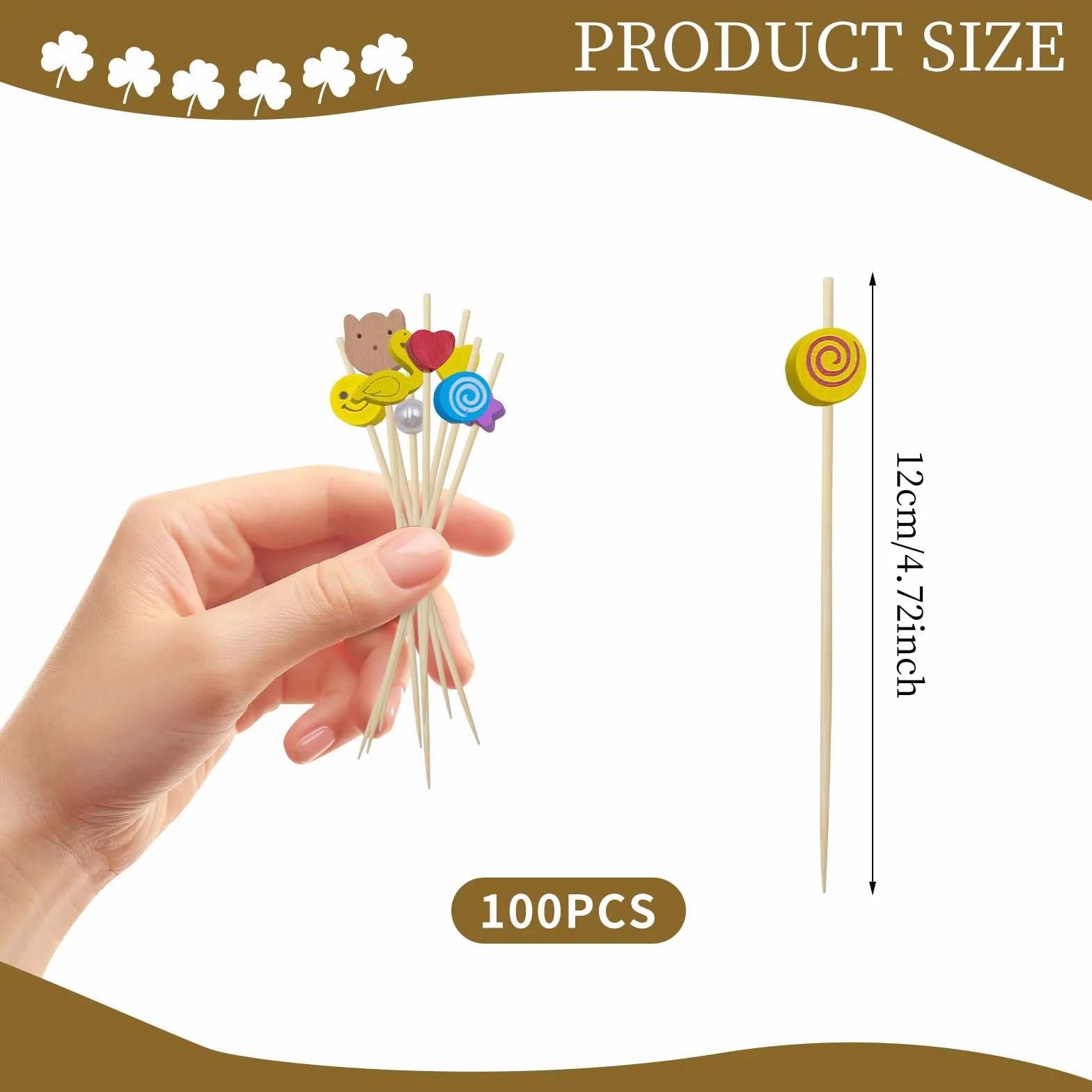 100 sztuk wykałaczek na imprezy, wykałaczki do aperitifu, dekoracje szpikulców koktajlowych, 12 cm długie drewniane wykałaczki do koktajli, owoców, przekąsek na przekąski, napoje, ciasta