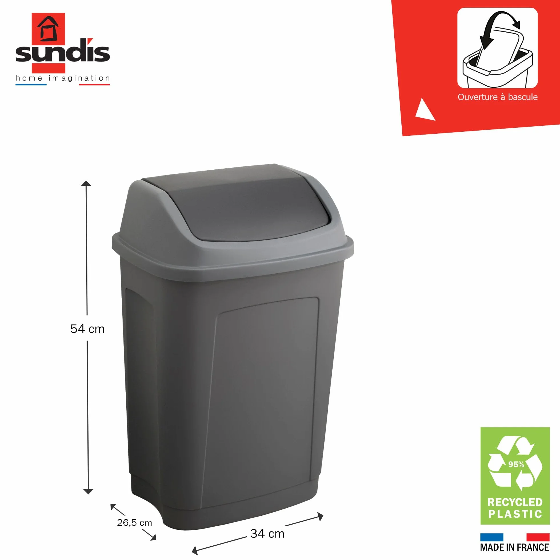 SUNDIS Swing kosz z pokrywką przechylaną prostokątny, szary i czarny, plastik z recyklingu, do kuchni, biura, pralni, warsztatu, łazienki, 25 l