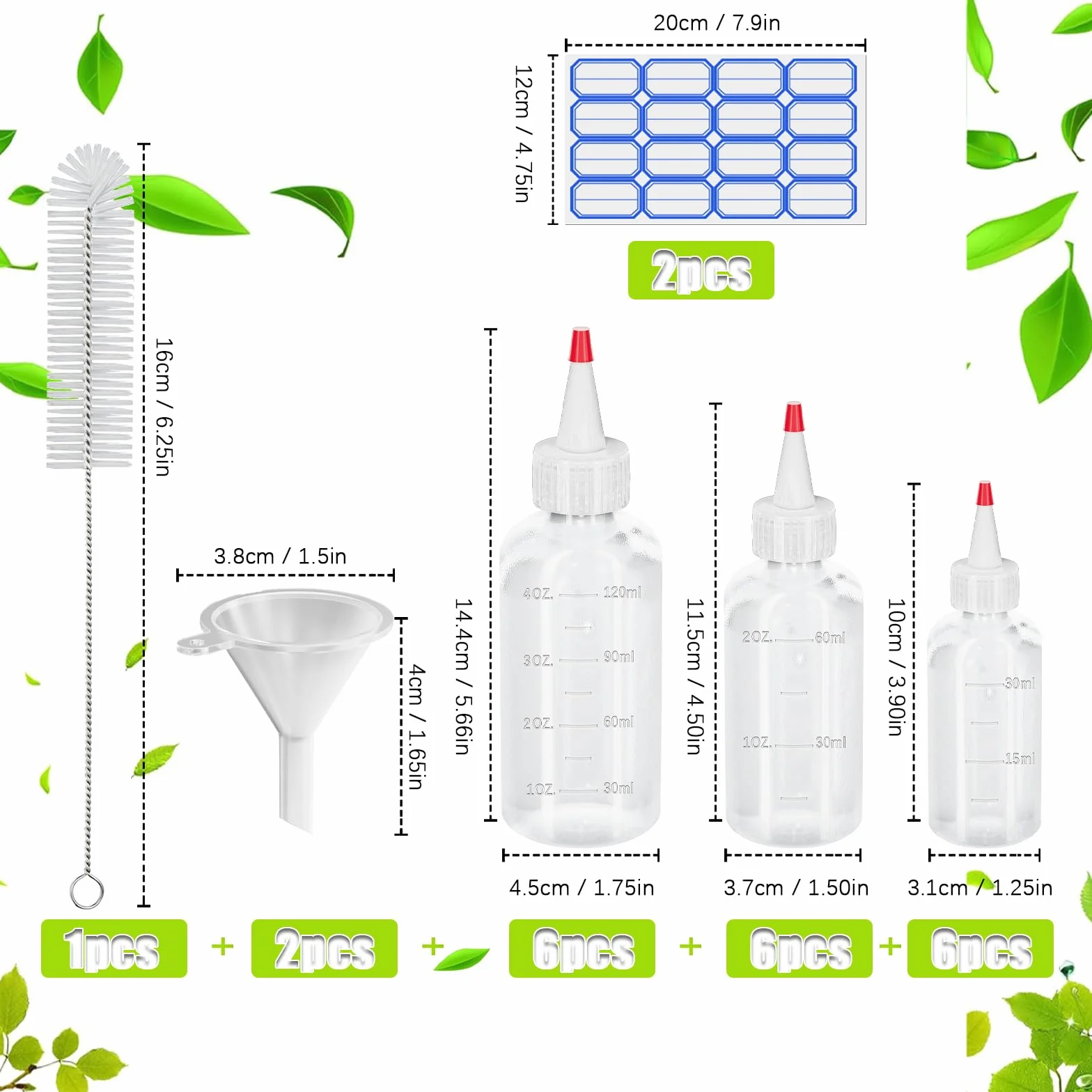 Butelka z rozpylaczem, 18 sztuk, butelka dozująca, butelka do wyciskania, 30 ml/60 ml/120 ml, butelki z rozpylaczem, z czerwonymi końcówkami i nakrętkami, lejki, etykiety, szczotki do sosu sojowego