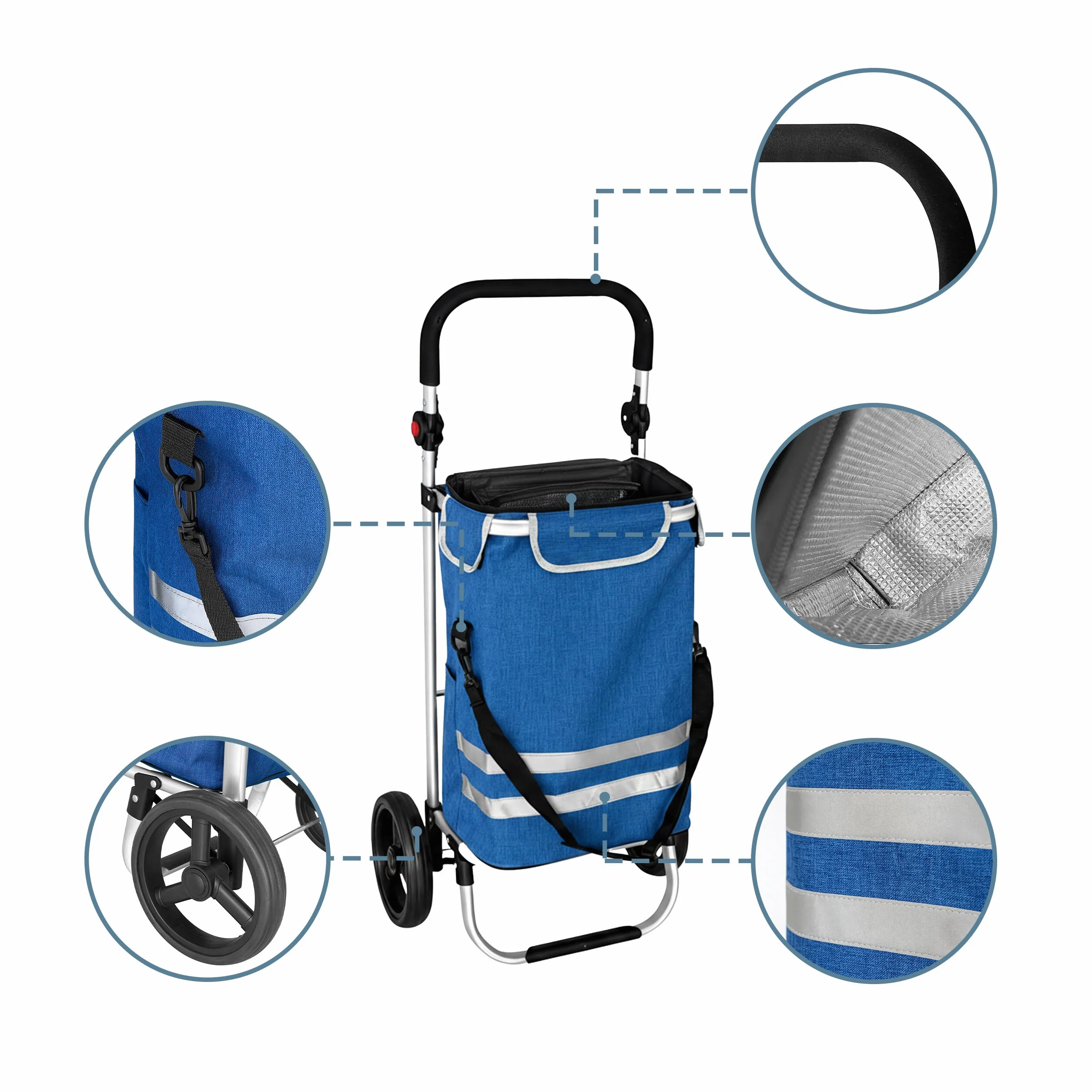 Relaxdays Wózek na zakupy, 2 duże koła, komora chłodząca, zdejmowana torba, 45 l, do 35 kg, składany wózek na zakupy, niebieski
