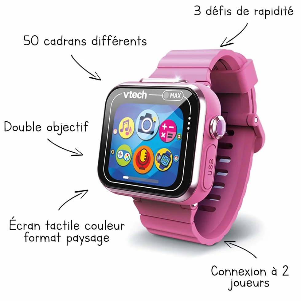 VTech - KidiZoom SmartWatch MAX Rose, cyfrowy zegarek dla dzieci, zdjęcie, selfie, wideo, poziomy ekran dotykowy, zabawka high-tech, prezent dla dzieci i nastolatków w wieku od 5 lat do 14 lat -