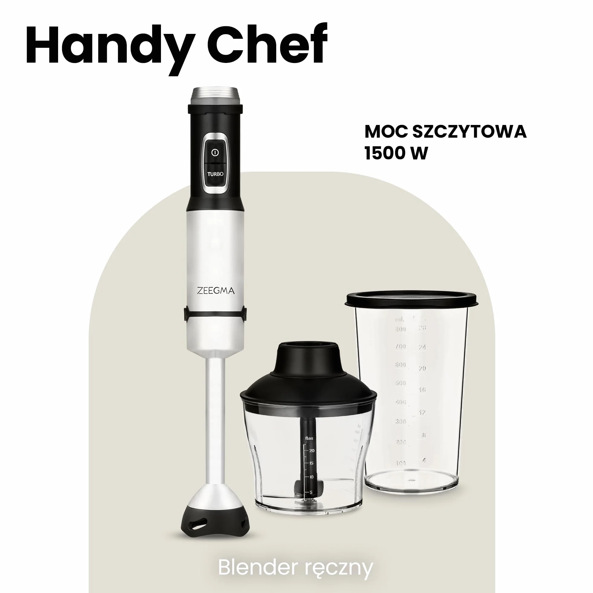 ZEEGMA Handy Chef blender ręczny 5w1 wielofunkcyjny o mocy 1500W, zestaw końcówek: blendująca, miksująca, ubijająca, hak do mieszania, malakser 0,6 l, pojemnik 0,8l, tryb turbo, regulacja prędkości