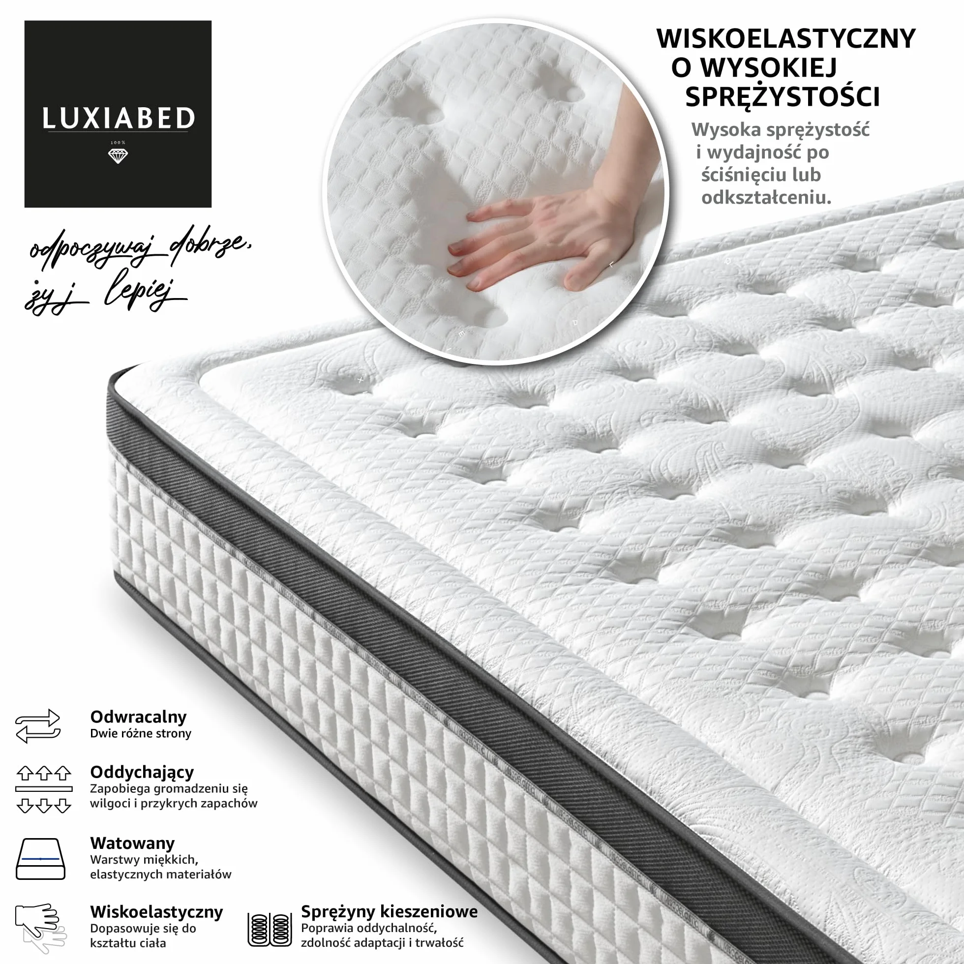 LUXIABED Dwustronny materac 160x200 cm sprężyny kieszeniowe wiskoza hipoalergiczny średnia twardość Premium