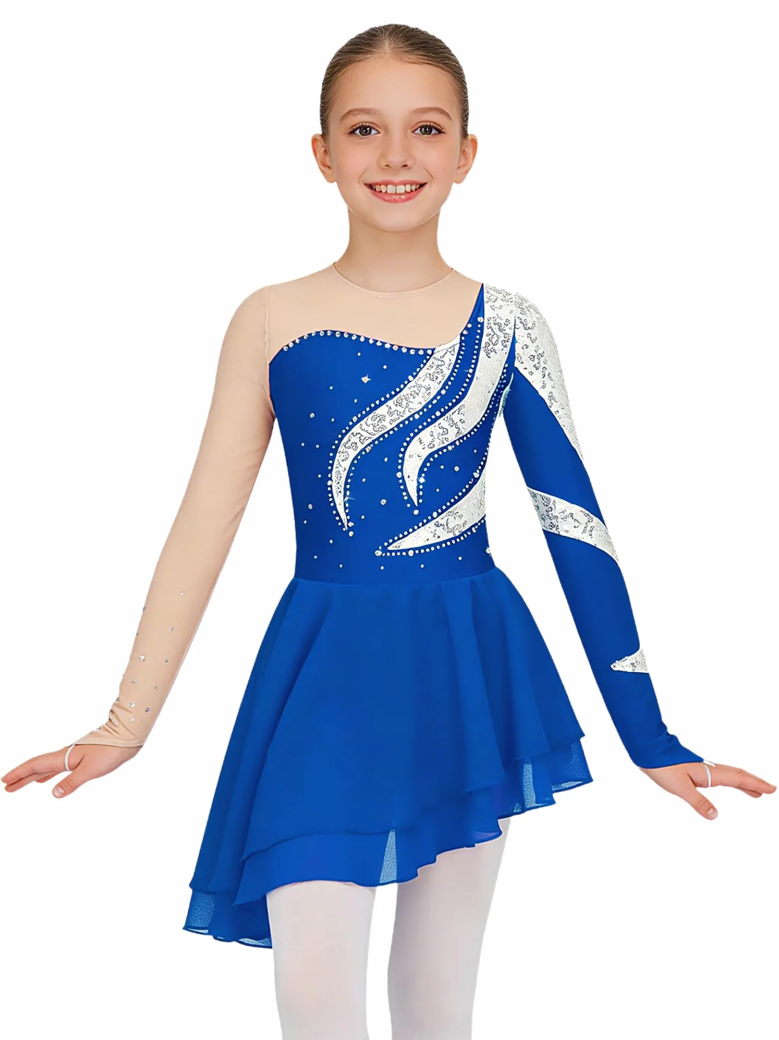 Sukienka w kształcie dyni, do jazdy na łyżwiarstwie figurowym, sukienka dla dziewczynki, stras, brokatowa, sukienka do tańca, z długim rękawem, patchwork, balet, body z asymetrycznym,