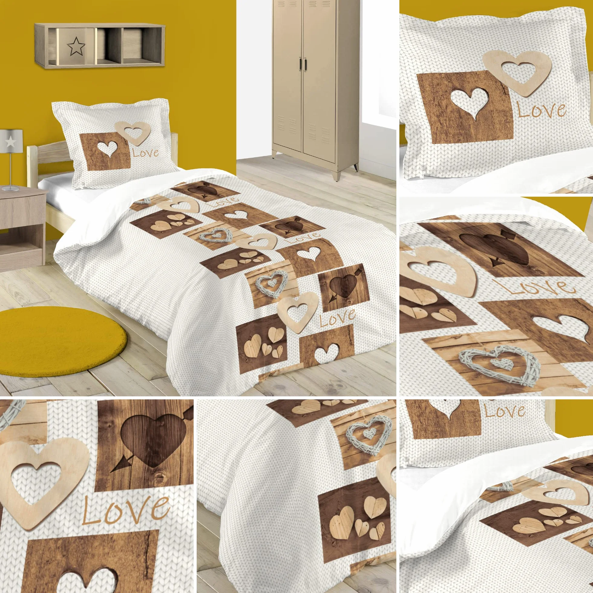 Lovely Casa – Poszewka na kołdrę 140 x 200 cm + 1 poszewka na poduszkę 63 x 63 cm – Woodda – naturalna