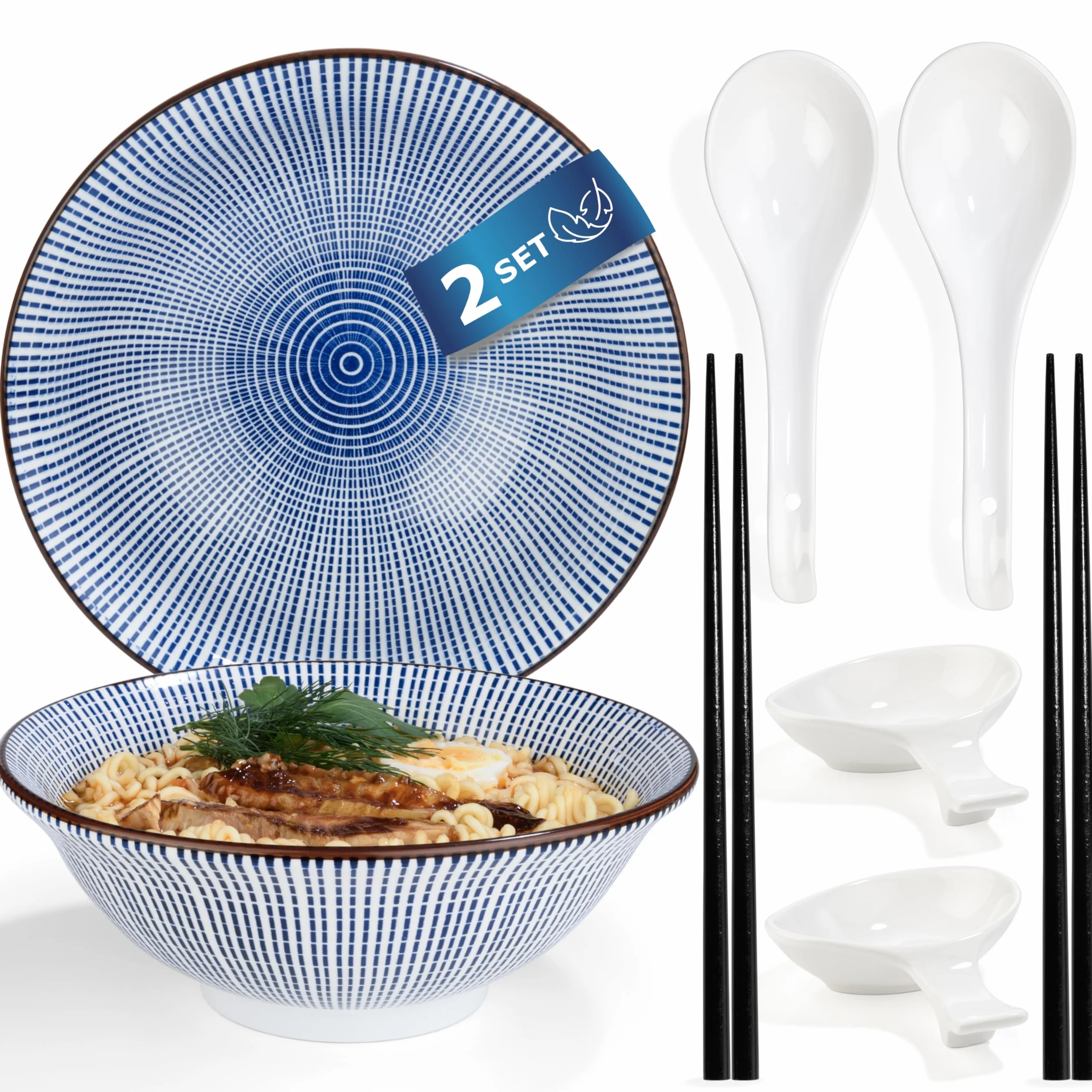 Urban Lifestyle Zestaw Misek do Ramen dla 2 Osób TOKUSA Azjatycka Zastawa z Porcelany Ø 20,5 cm 1000 ml z Łyżkami do Ramen, Miseczkami na Sos i Pałeczkami, Styl Japoński