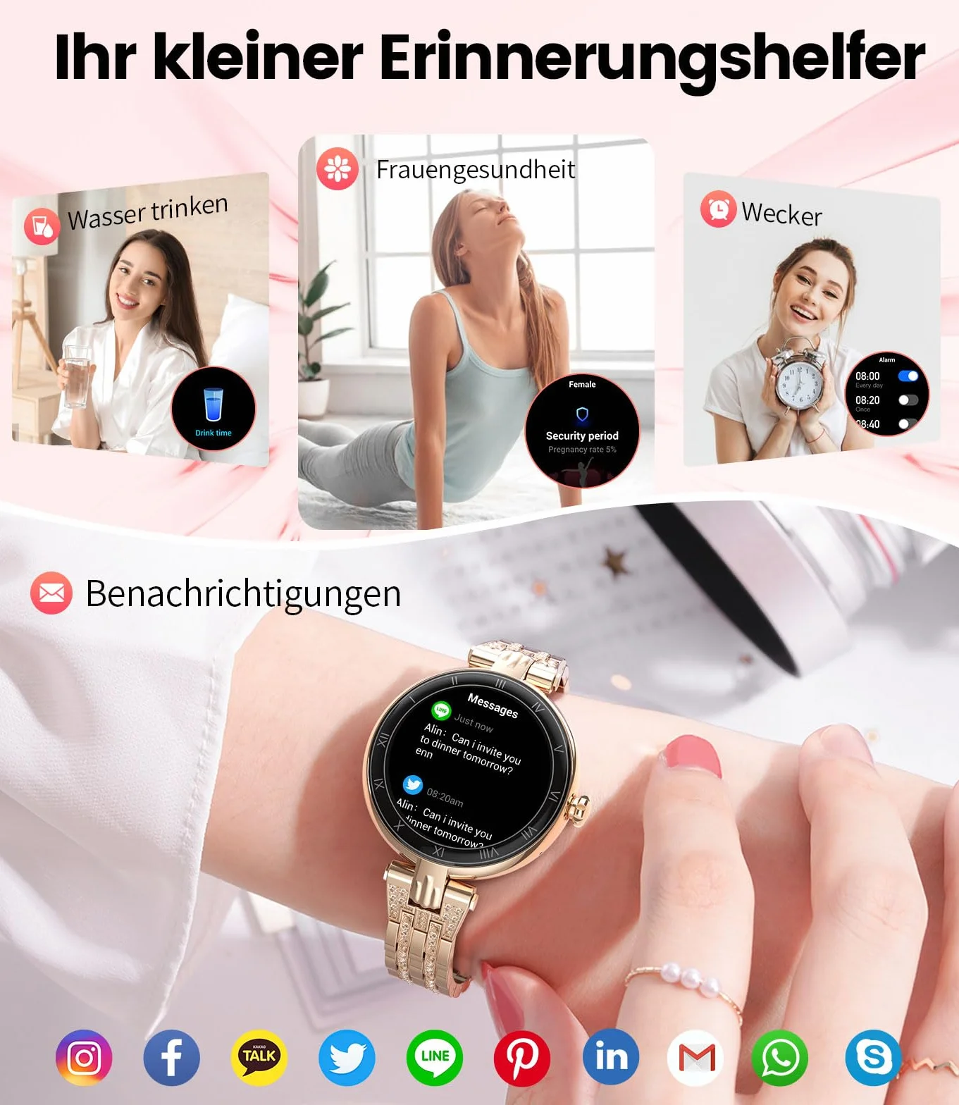 ESFOE Smartwatch damski z funkcją telefonu 1,16" AMOLED Always-On-Display, zegarek na rękę SML18