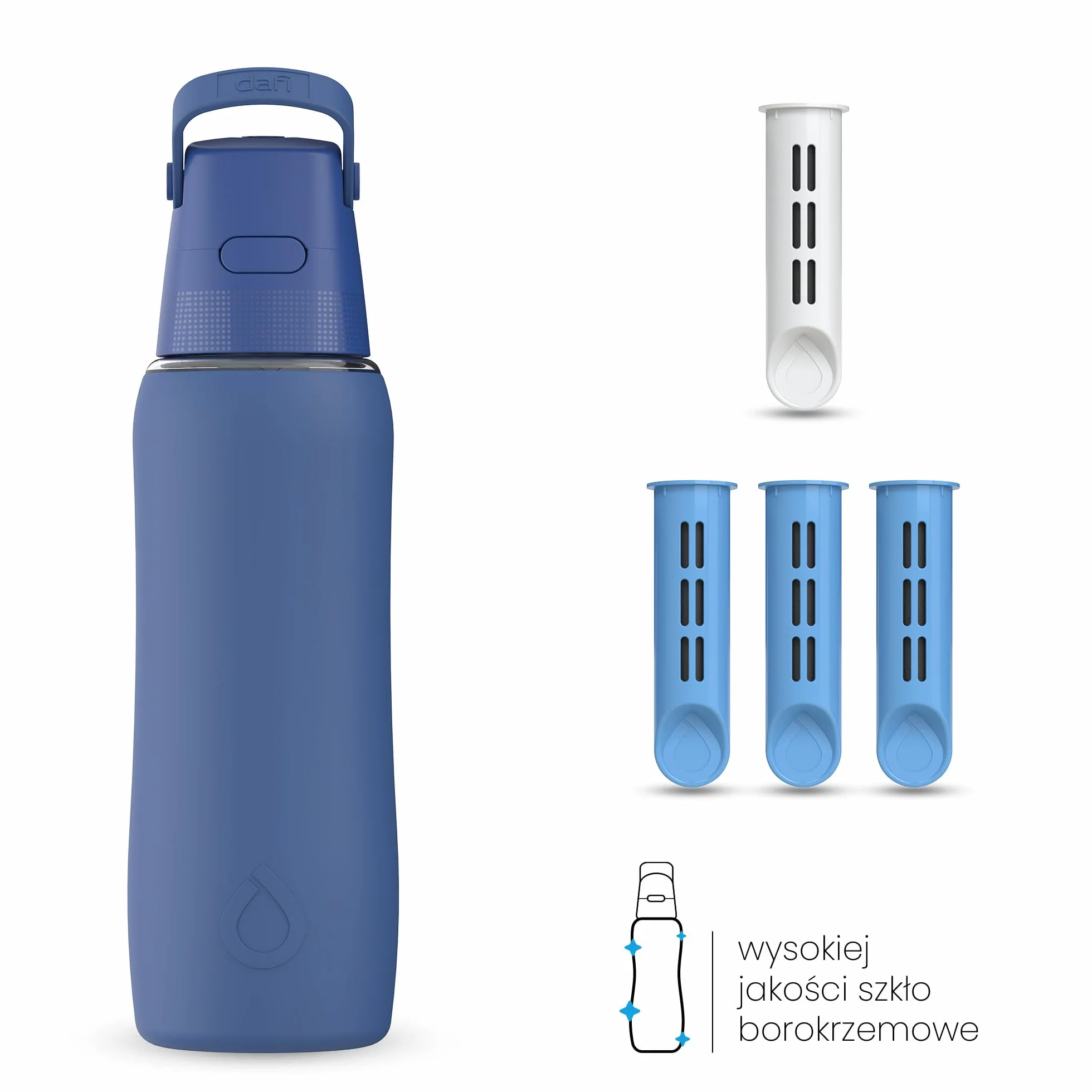Dafi GLASS SiliconeFit Szklana butelka filtrująca 0,6 l Navy Cobalt + 4 filtry węglowe SIMAX®