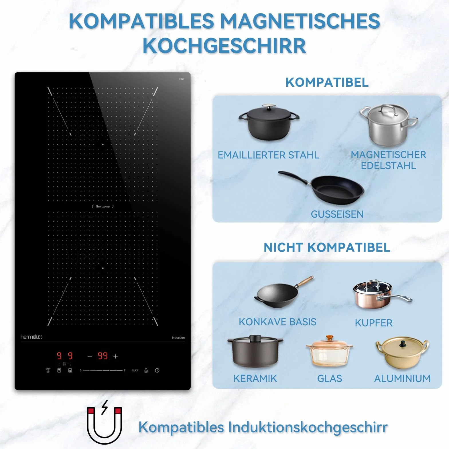 Hermitlux Płyta indukcyjna ze strefami flex, płyta indukcyjna do zabudowy Domino z 9 poziomami mocy i funkcją Booster, wbudowany regulator suwakowy i timer, 30 cm, 3500 W