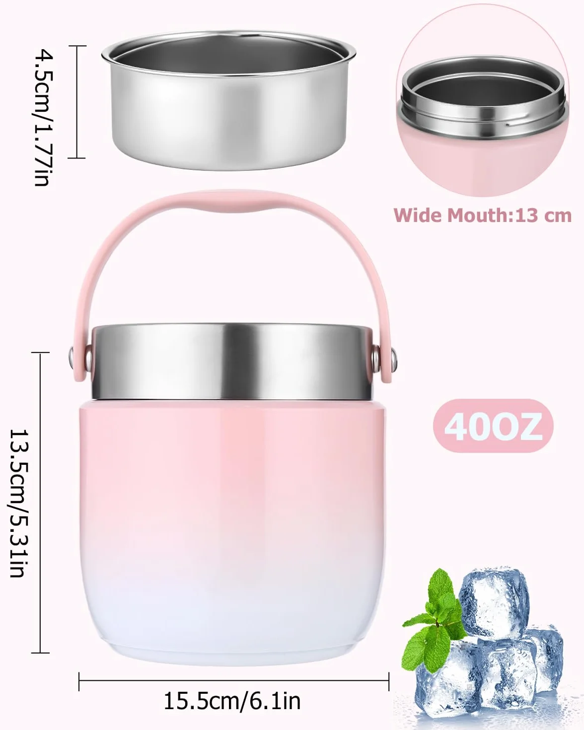 Pojemnik termiczny do jedzenia, 1200 ml, miska termiczna z pokrywką, pojemnik utrzymujący ciepło ze stali nierdzewnej ze składaną łyżeczką, pudełko na lunch dla dzieci i dorosłych, do przechowywania