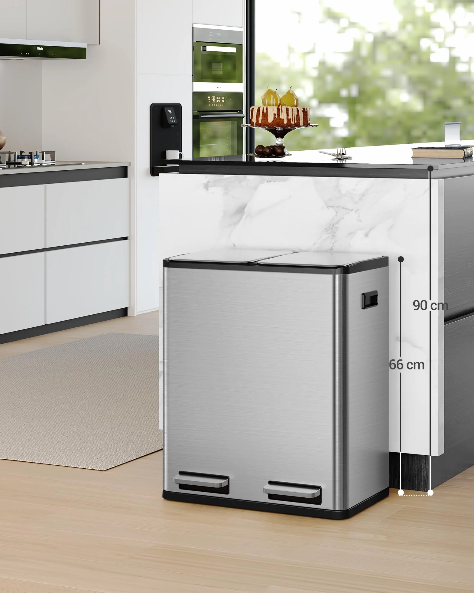 Hzuaneri Kosz na śmieci, system segregacji odpadów, 2 komory, 60 l (2 x 30 l), stal nierdzewna, kosz na śmieci z pedałem, cichy i wolno opadający, z 15 ekskluzywnymi workami na śmieci, srebrny