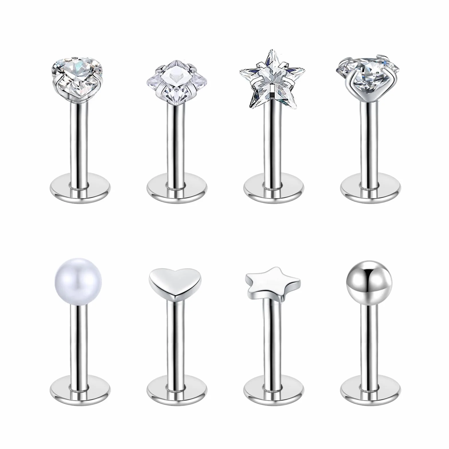 8 szt. wargi labret sztyft 6-10 mm 16G płaski tył helix tragus chrząstka kolczyk