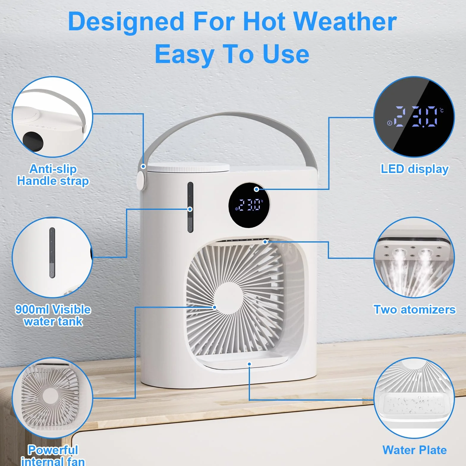 Mobilny klimatyzator 4 w 1 z chłodną mgiełką 900 ml przenośny mini wentylator USB 3 prędkości 7 kolorów światła