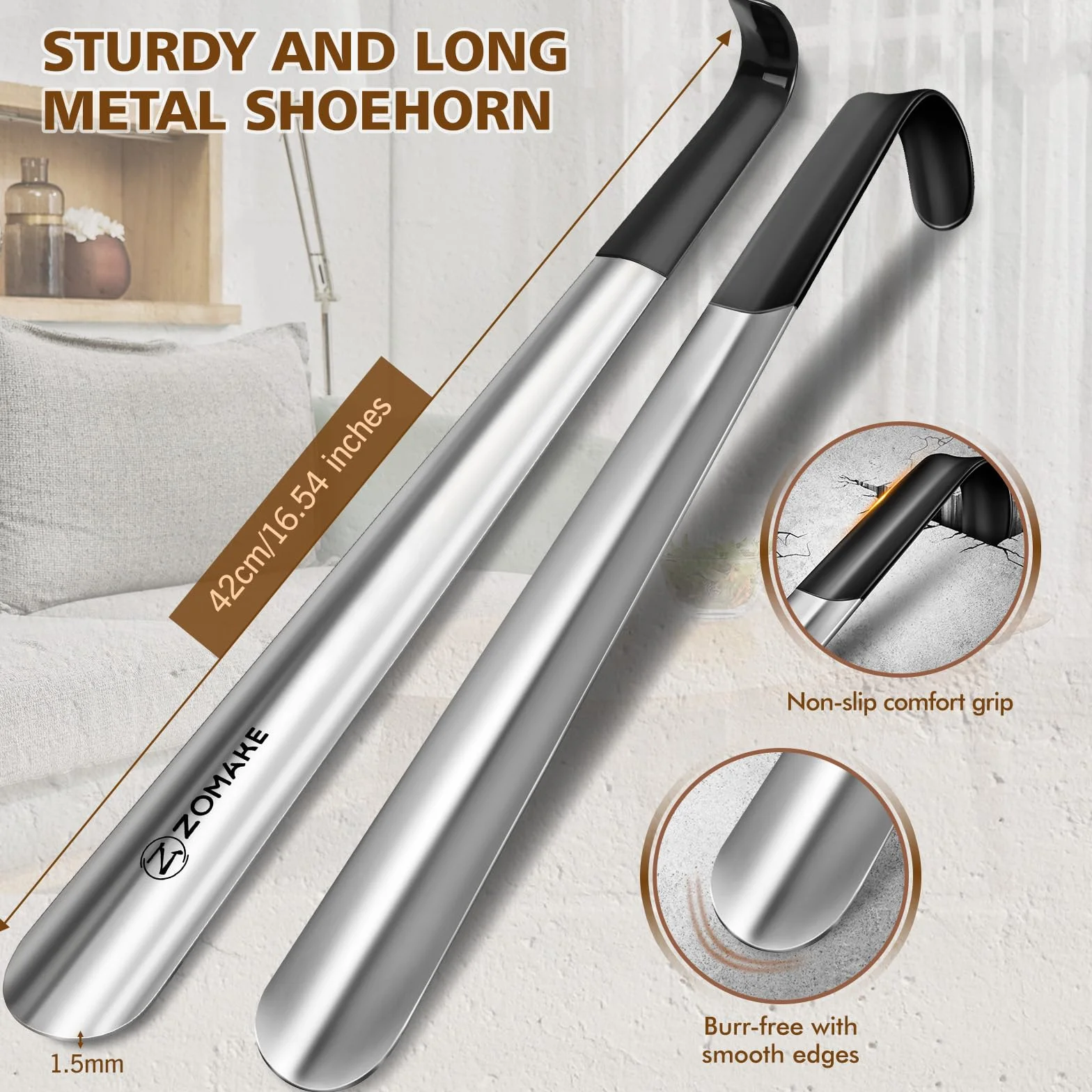 ZOMAKE Łyżka do Butów Metalowa Długi 42cm 2Szt,Stali Nierdzewnej Róg do Butów Stabilna Klakson but Z Wspornikiem Ściennym dla Seniorów Męska Kobieta(Srebrne)