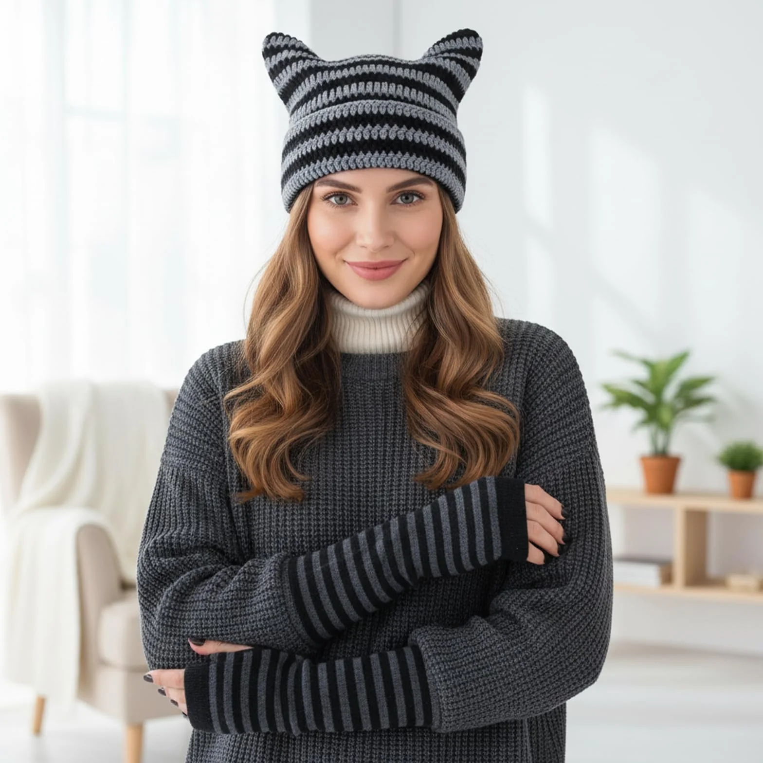 Damska czapka z kocimi uszami, y2k Beanie Striped Crochet Slouchy Hat z długimi mankietami w paski, dla kobiet, zimowa, ciepła