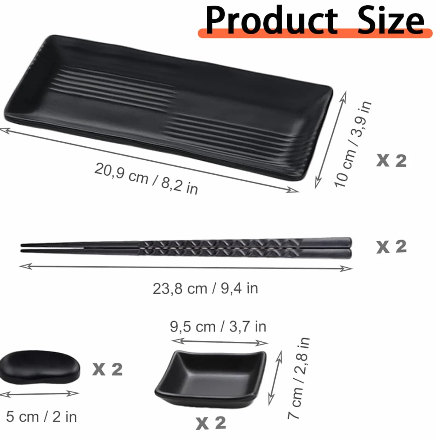 Zestaw do sushi z miseczkami do dipów, naczynia do sushi z pałeczkami, czarne talerze, miska z melaminy, zestaw talerzy z 2 parami pałeczek do jedzenia + 2 stojaki na pałeczki + 2 talerze + 2