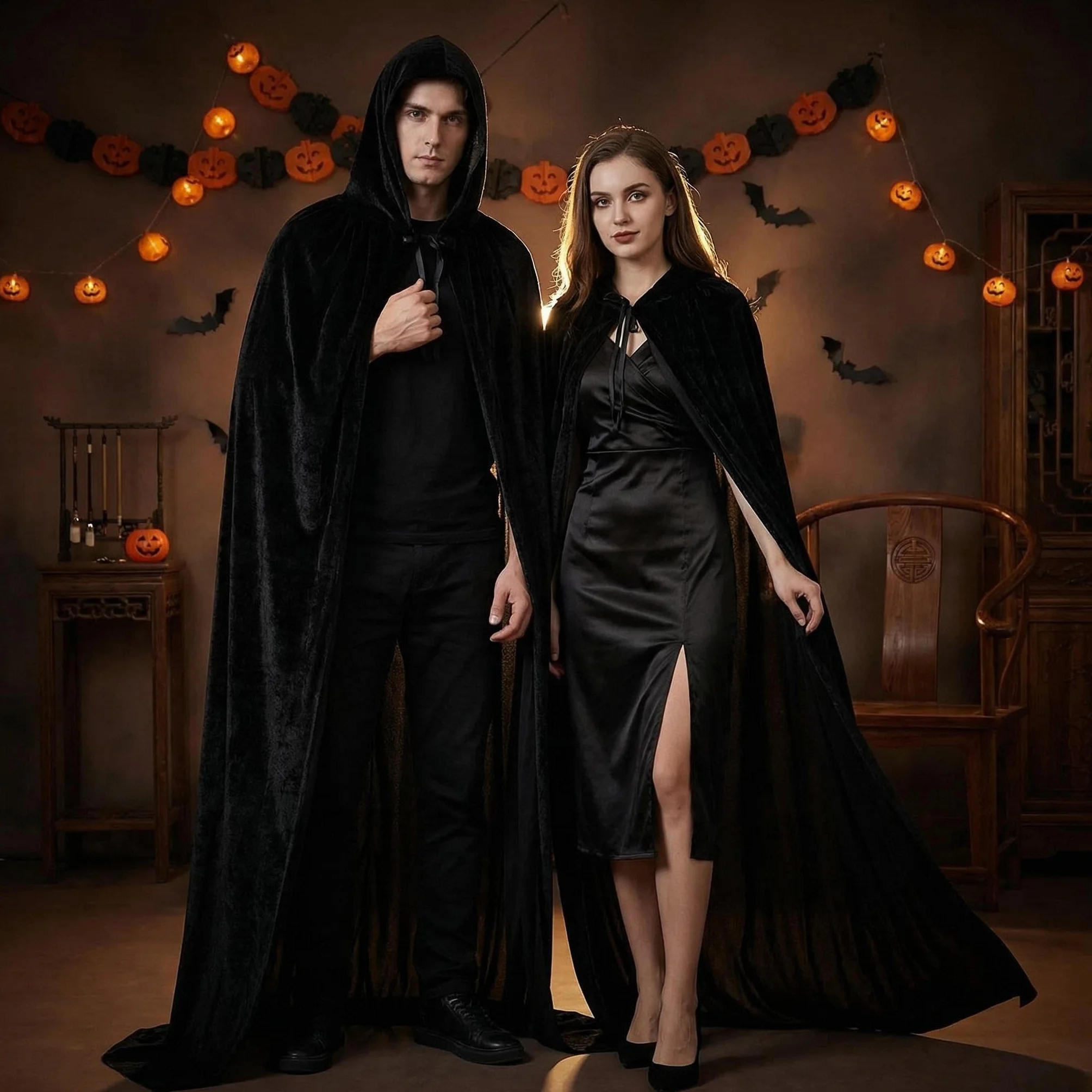 Proumhang Czarny Płaszcz z kapturem Długi aksamit Dla dorosłych Unisex Fancy Dress Kostium Halloween Boże Narodzenie-170cm