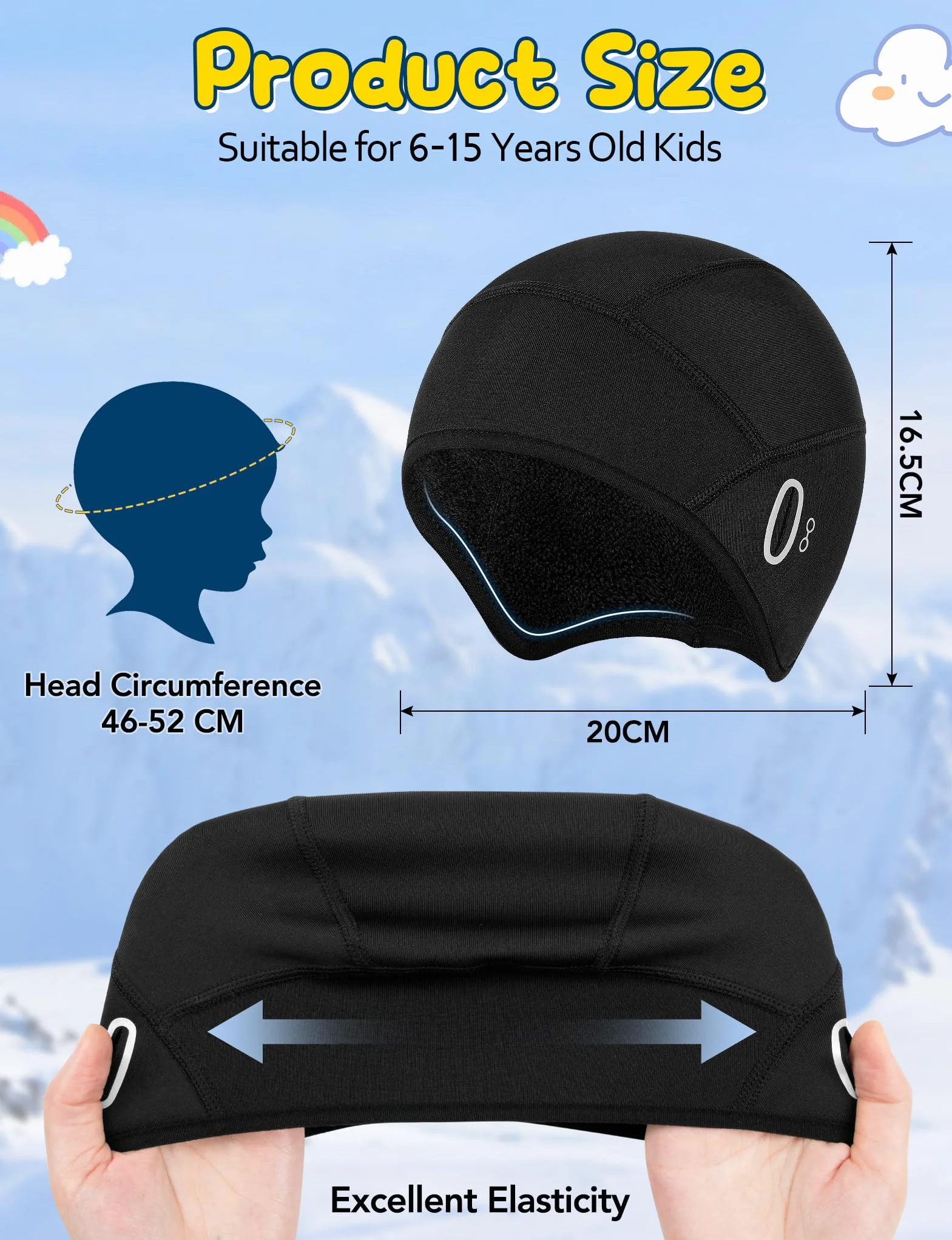 Becellen Czapka na kask dla dzieci, zimowa czapka termiczna na rower, jeden wzór z otworem na okulary, ciepła, wiatroszczelna, czapka sportowa, uniseks, czarna czapka pod kask rowerowy, dla chłopców i