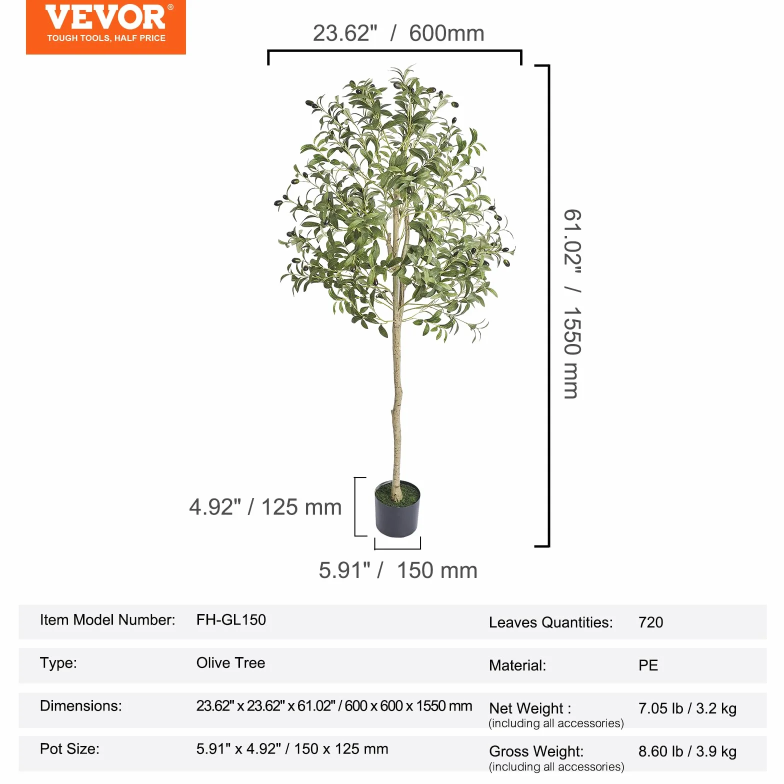 VEVOR Sztuczne drzewo oliwne 155 cm PE zielona roślina w doniczce 150 x 125 mm dekoracja do domu biura hotelu