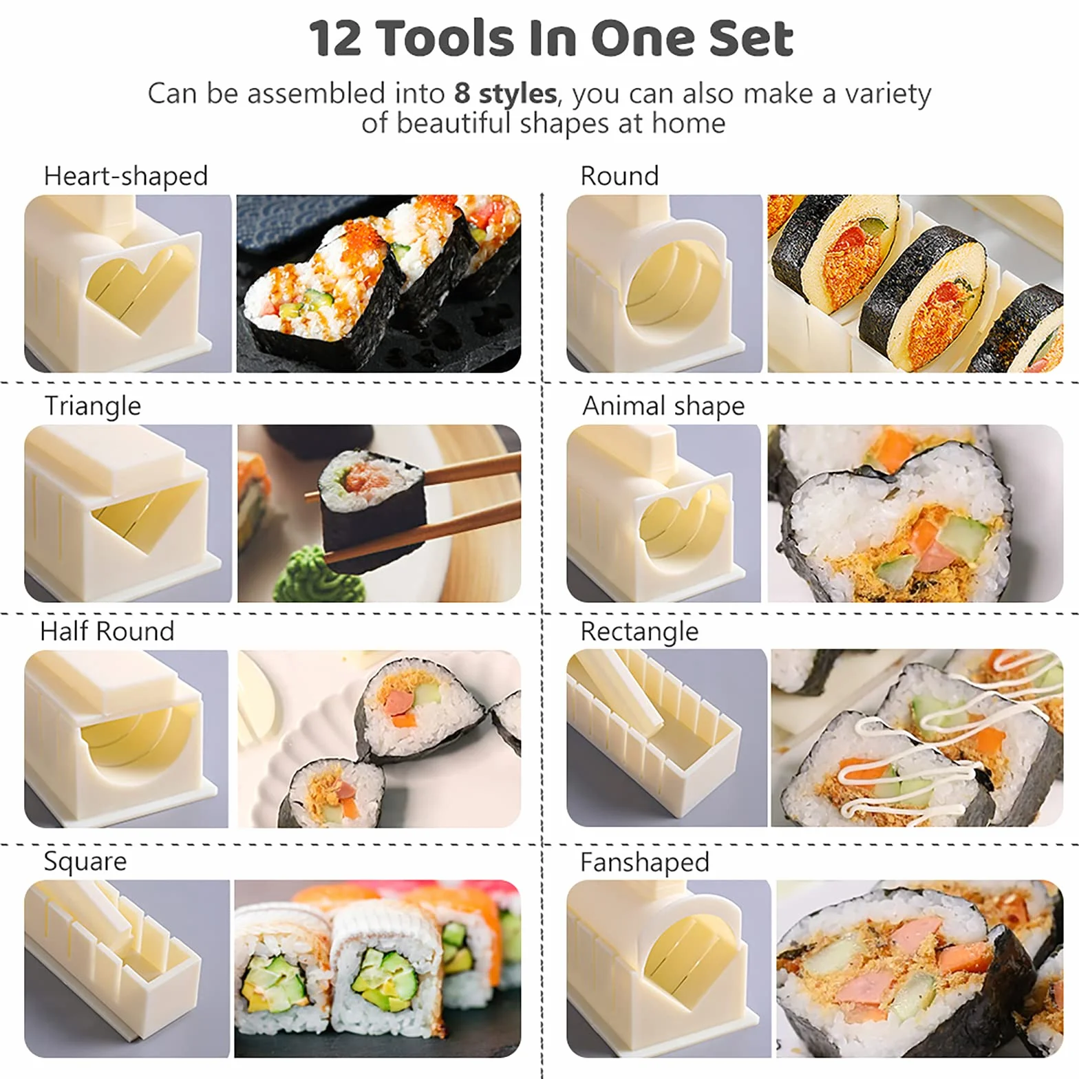 Zestaw do Sushi 12 Elementów dla Początkujących z Foremkami Ryżem Nożem Matą Biały