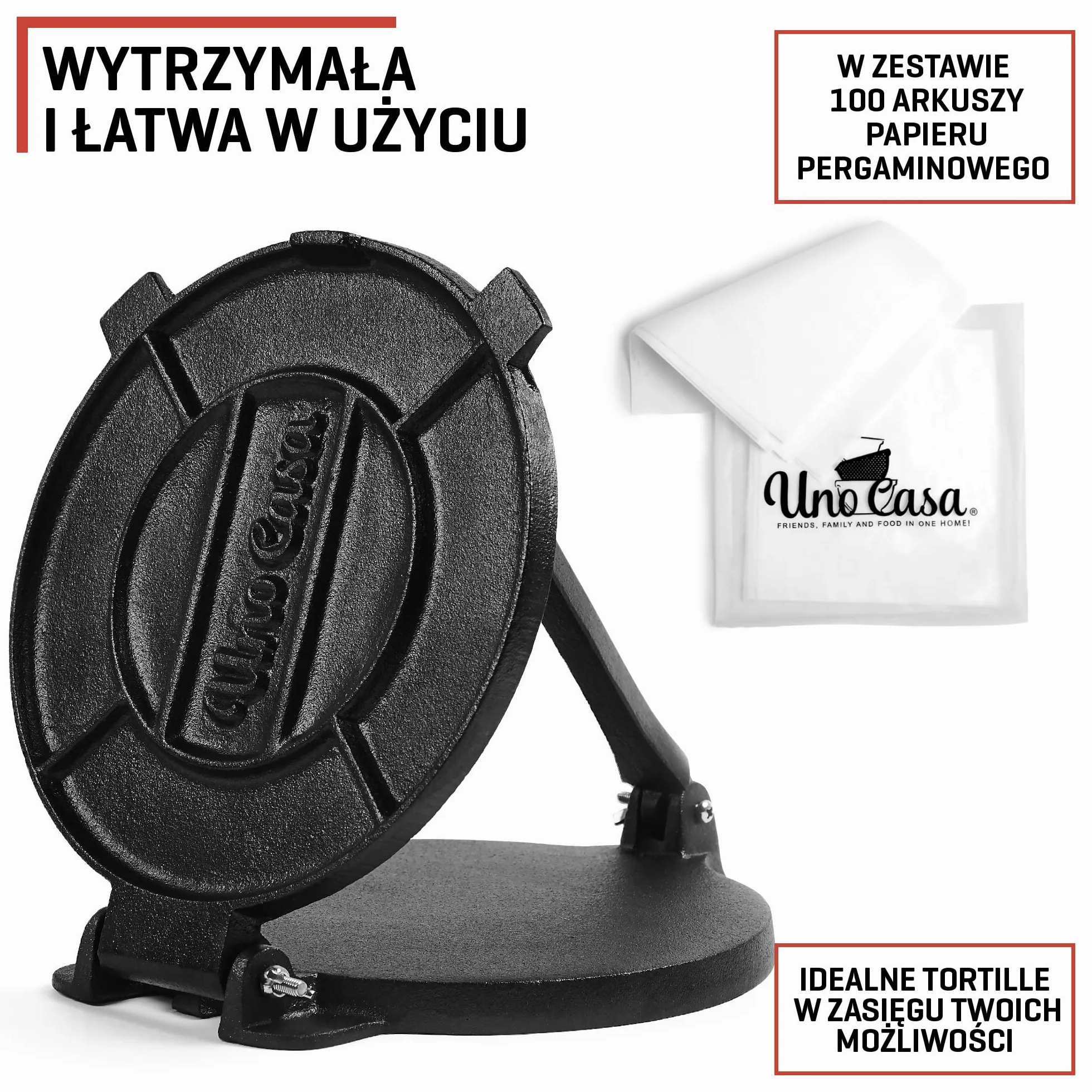 Uno Casa Żeliwna prasa do tortilli 20 cm sezonowana + 100 arkuszy papieru