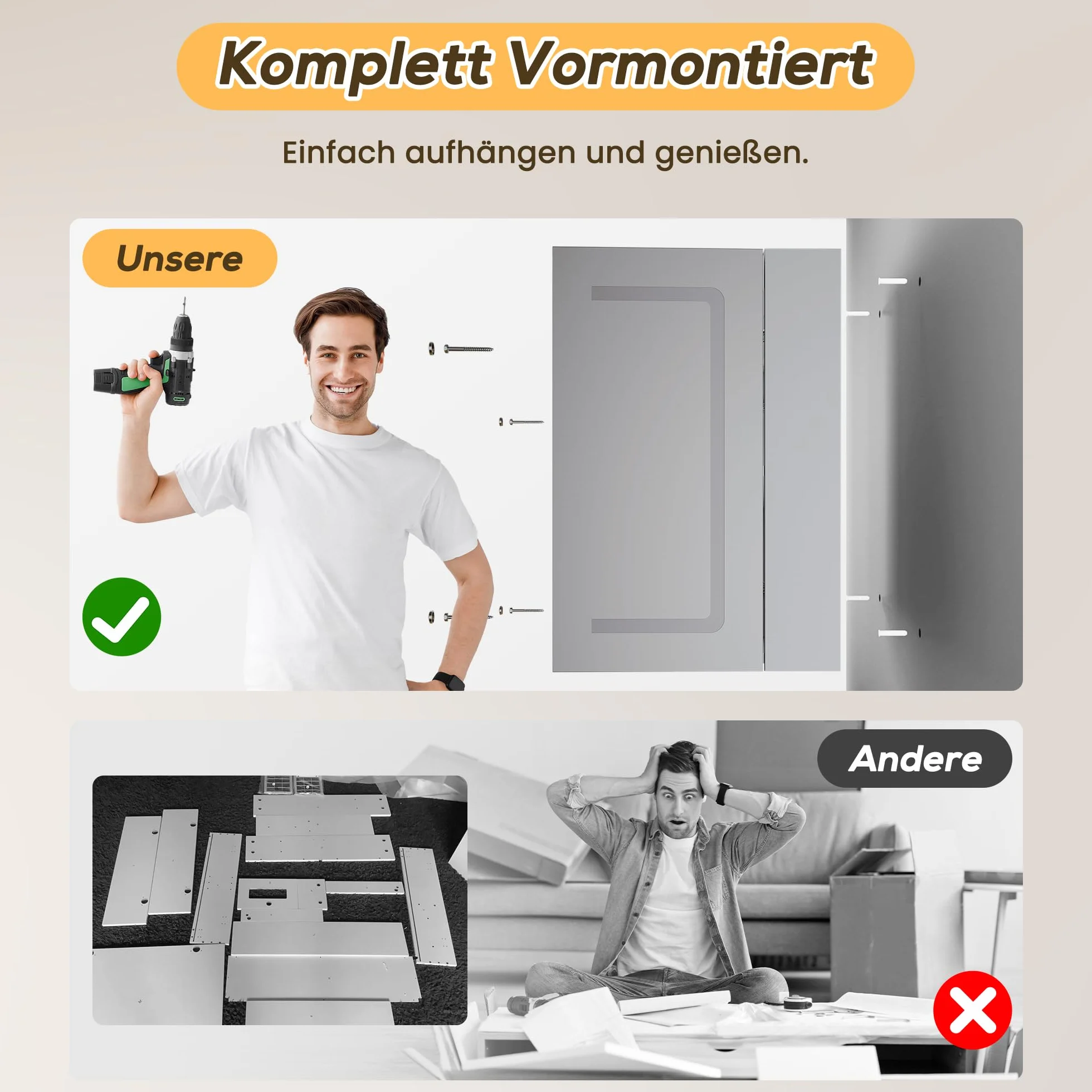 SONNI 3-drzwiowa szafka łazienkowa z lustrem 90 cm szara LED oświetlenie zapobiegająca zaparowaniu gniazdko 3 kolory światła ściemnianie