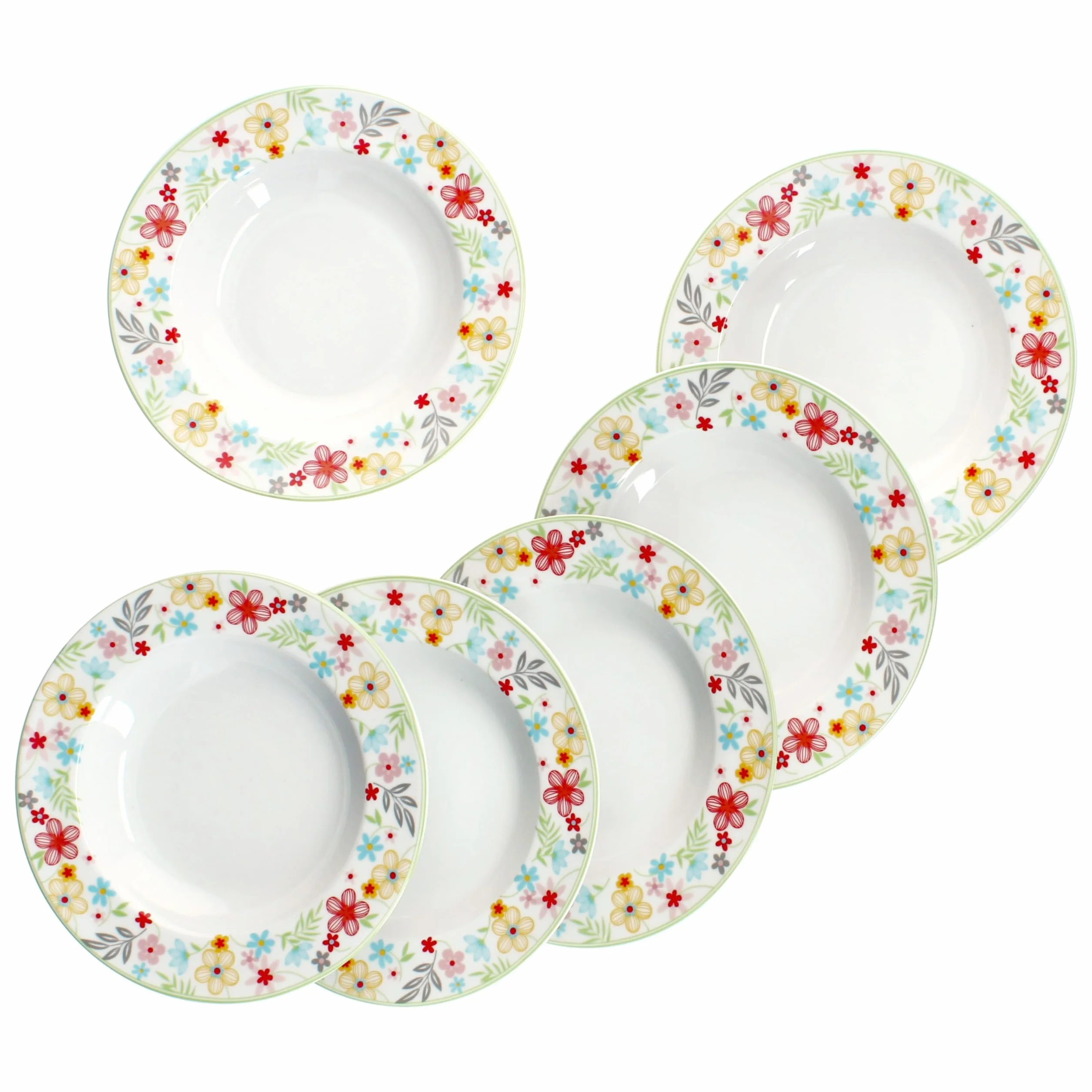 MamboCat Zestaw 6 talerzy do zupy z kwiatkami, kolorowe, głębokie talerze porcelanowe dla 6 osób, kolorowe, okrągłe talerze do sałaty, zupy, musli, makaronu itp. na śniadanie, obiad i kolację