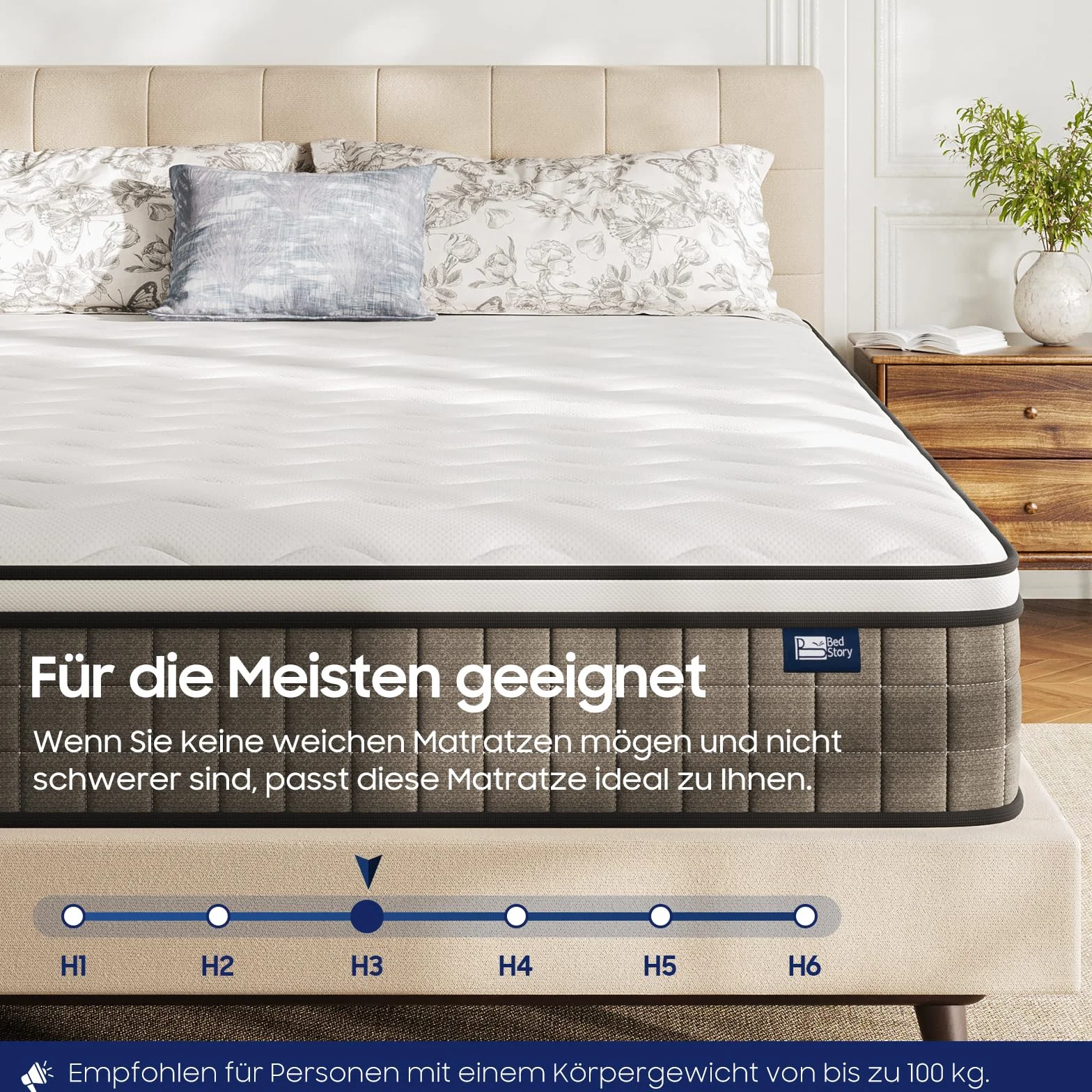 BedStory Materac ze sprężynami kieszeniowymi 90 x 200 cm, stopień twardości H3/H4, 20 cm, Öko-Tex, ciemnoszary