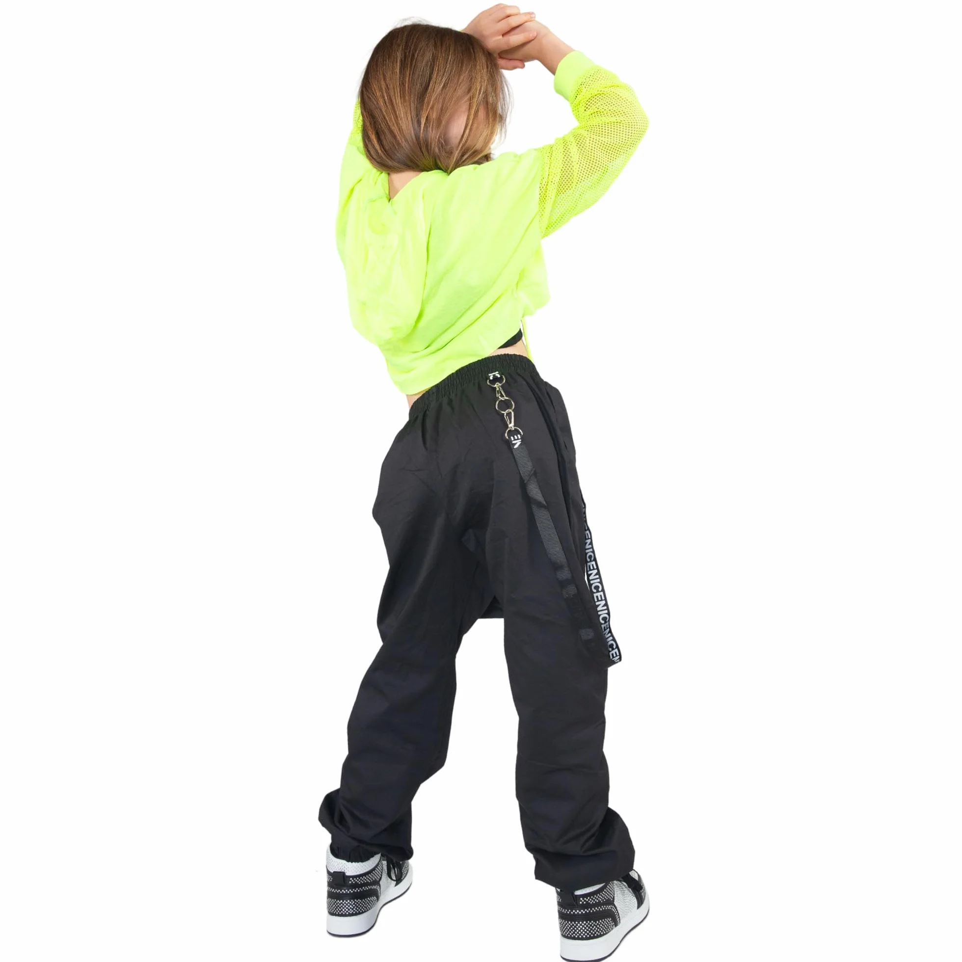 Barielle 10011 Trójczęściowy/dwuczęściowy strój hip-hopowy dla dzieci, bluza z kapturem z rękawami z siatki, spodnie cargo z łańcuszkiem, bez brzucha bluza z kapturem do tańca, 134-176