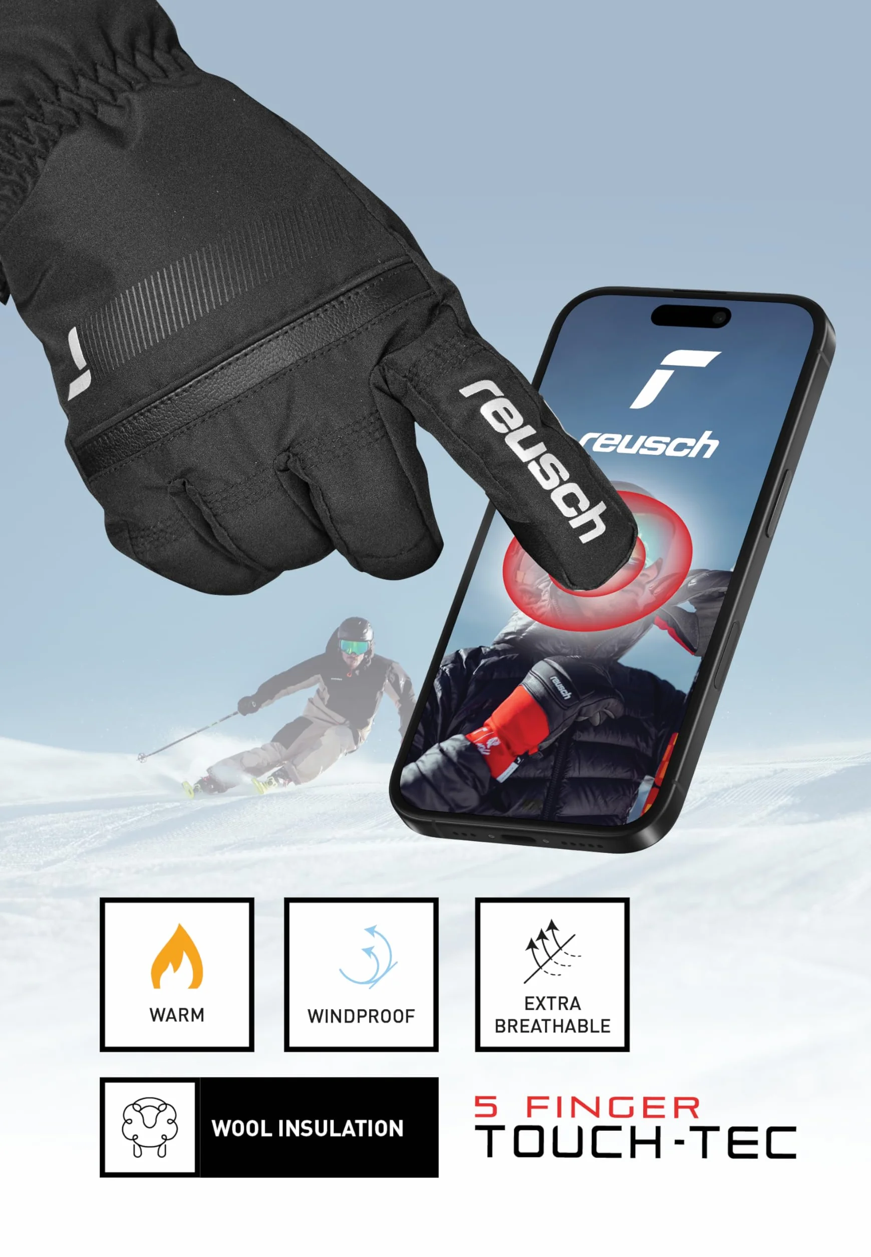 Reusch Junior Glove All Finger Touch ciepłe, wiatroszczelne i oddychające rękawiczki zimowe, rękawice narciarskie, dla dzieci, młodzieży, dziewcząt i chłopców, kompatybilne z ekranem dotykowym