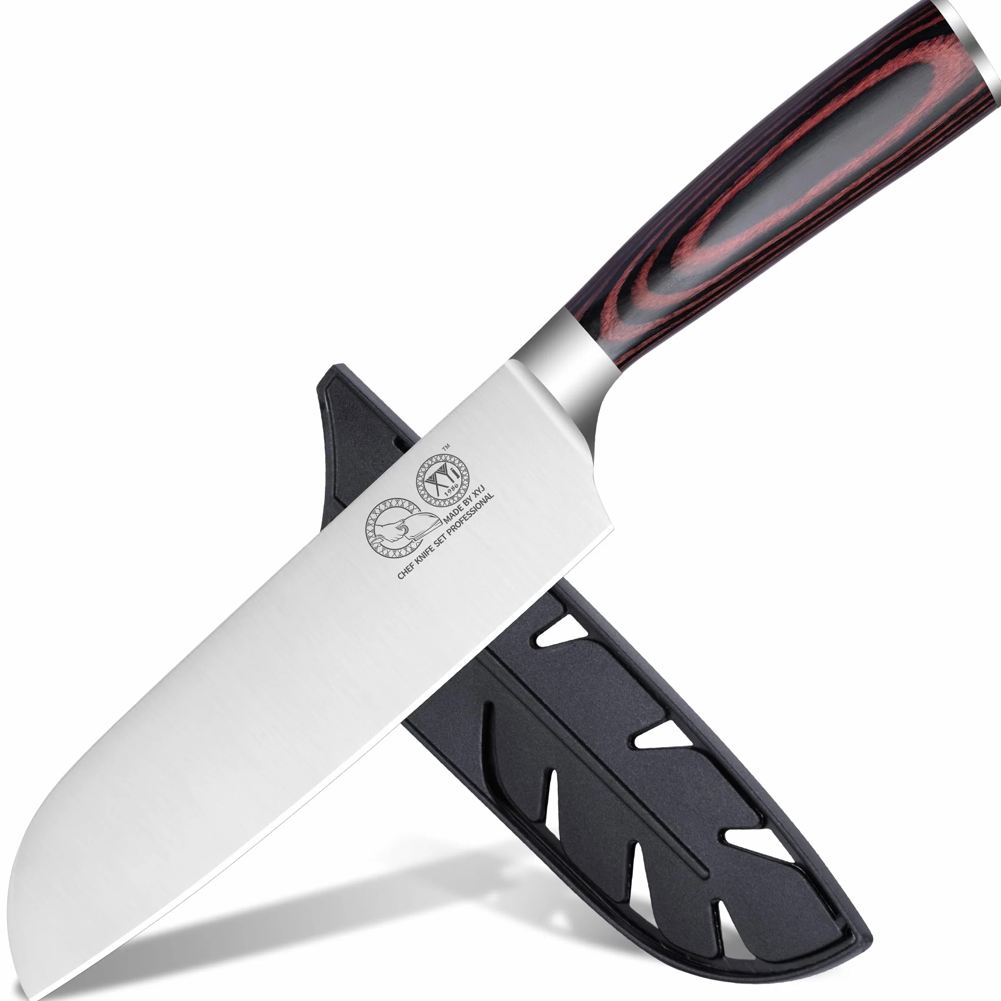 XYJ Professional Japanese Santoku Knife With Plastic Sleeve,7 Inch Vegetable Kitchen Knife,Stainless Steel,Meat Slicing Knife,Pakkawood Handle,Meat Cleaver for Outdoor Camping