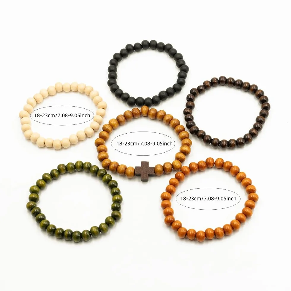 Zestaw 6 bransoletek z koralików drewnianych Stack, Cross Bangle - Bransoletki z koralików dla kobiet i mężczyzn, 8 mm okrągłe, elastyczne bransoletki z koralików, unisex, do jogi