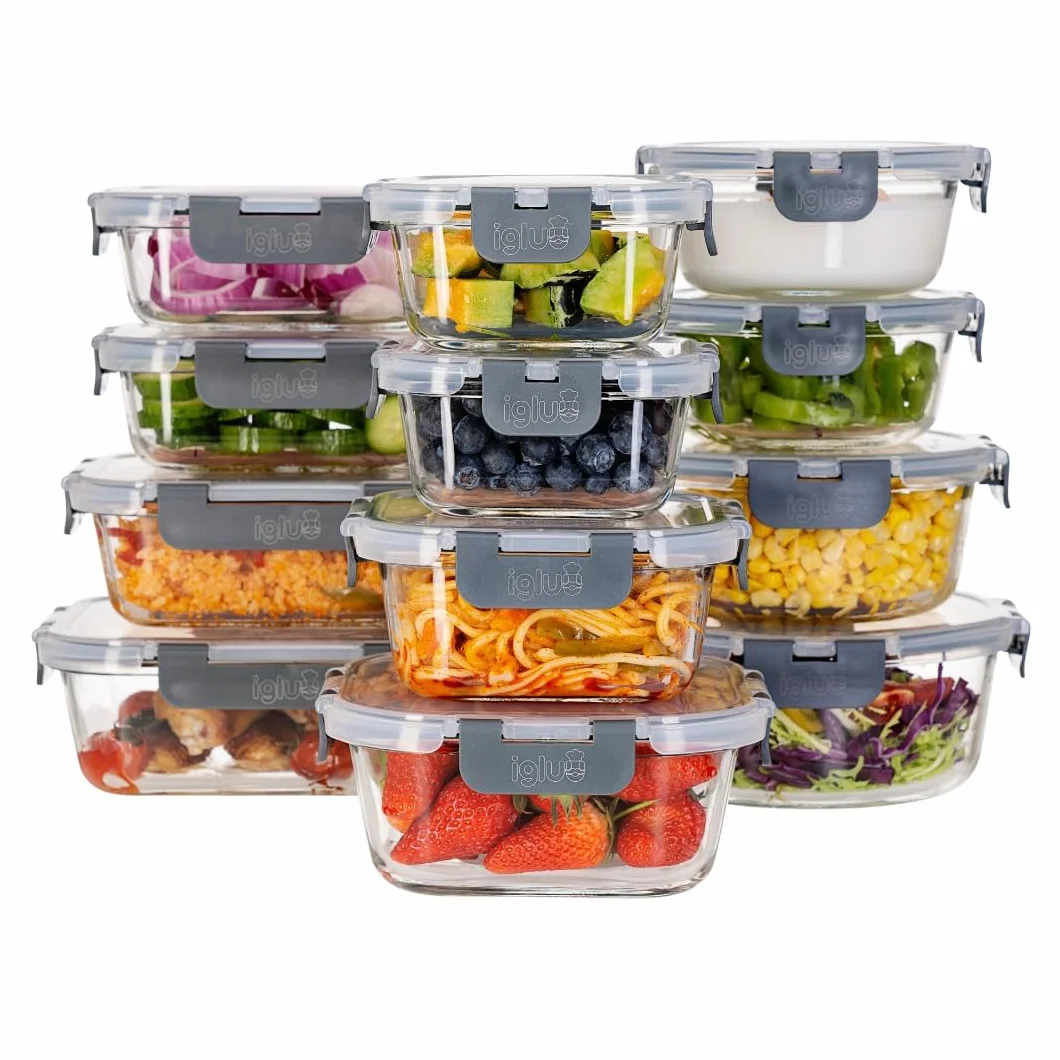 Igluu Meal Prep – Szklane pojemniki na żywność z pokrywkami (12 szt. – 4 prostokątne, 4 kwadratowe, 4 okrągłe) – Hermetyczne, Bez BPA – Do piekarnika, mikrofalówki, zamrażarki i zmywarki
