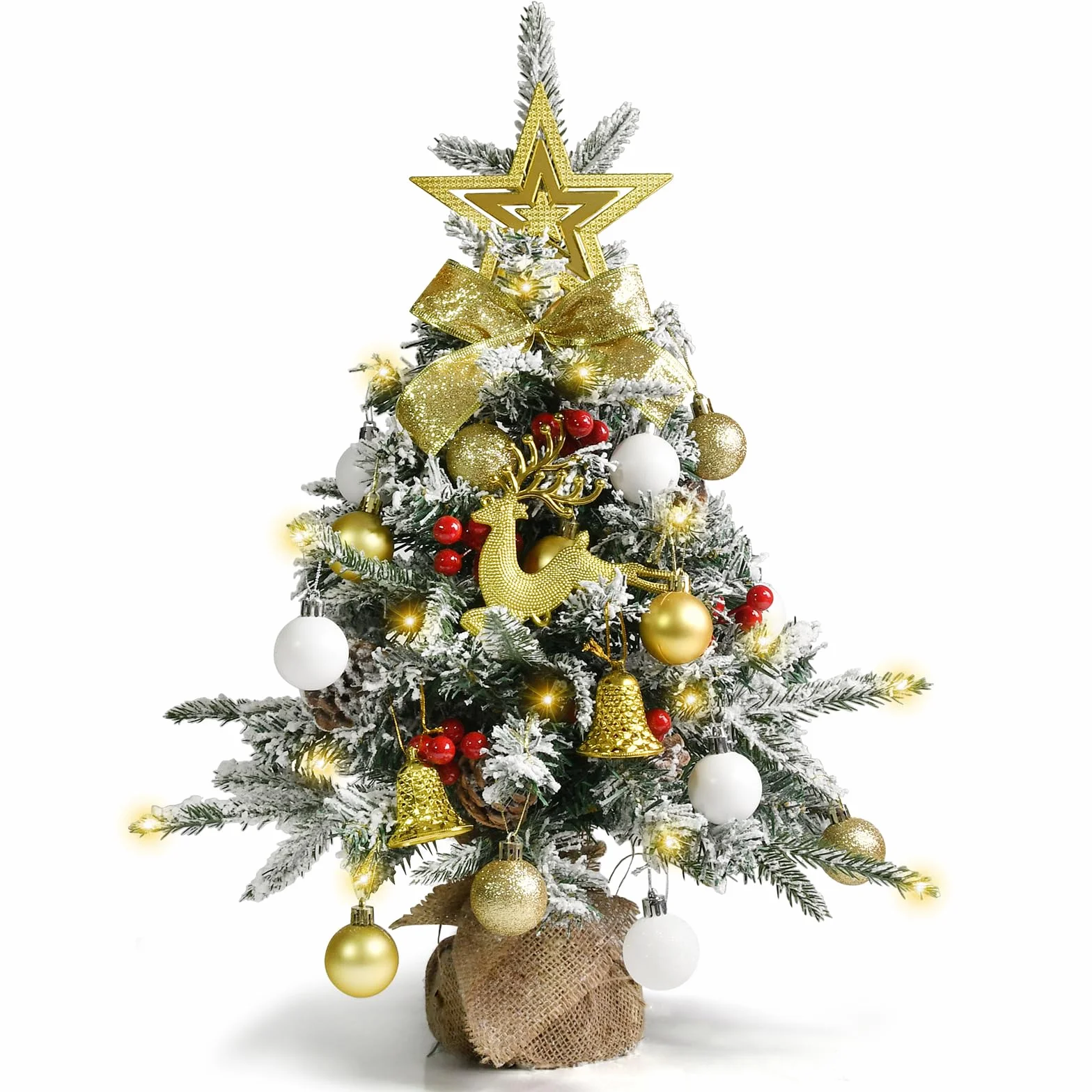 Sztuczna choinka, mała, 60 cm, mini choinka z 40 diodami LED w kolorze ciepłej bieli, bombki bożonarodzeniowe, czubek gwiazdy, dekoracja bożonarodzeniowa, do wnętrz, biura, na Boże Narodzenie, adwent