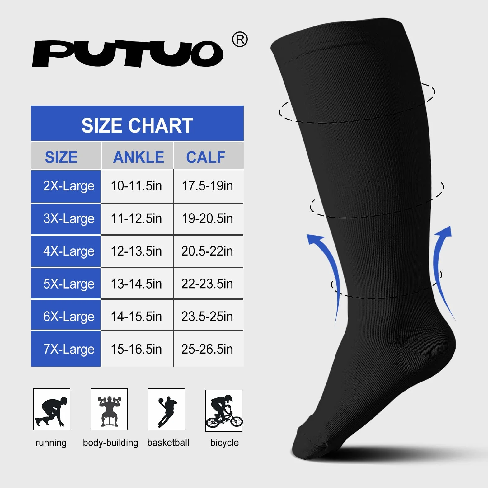 PUTUO Damskie i Męskie Skarpety Uciskowe do Sportu, Biegania, Lotu, Podróży, Jazdy na Rowerze