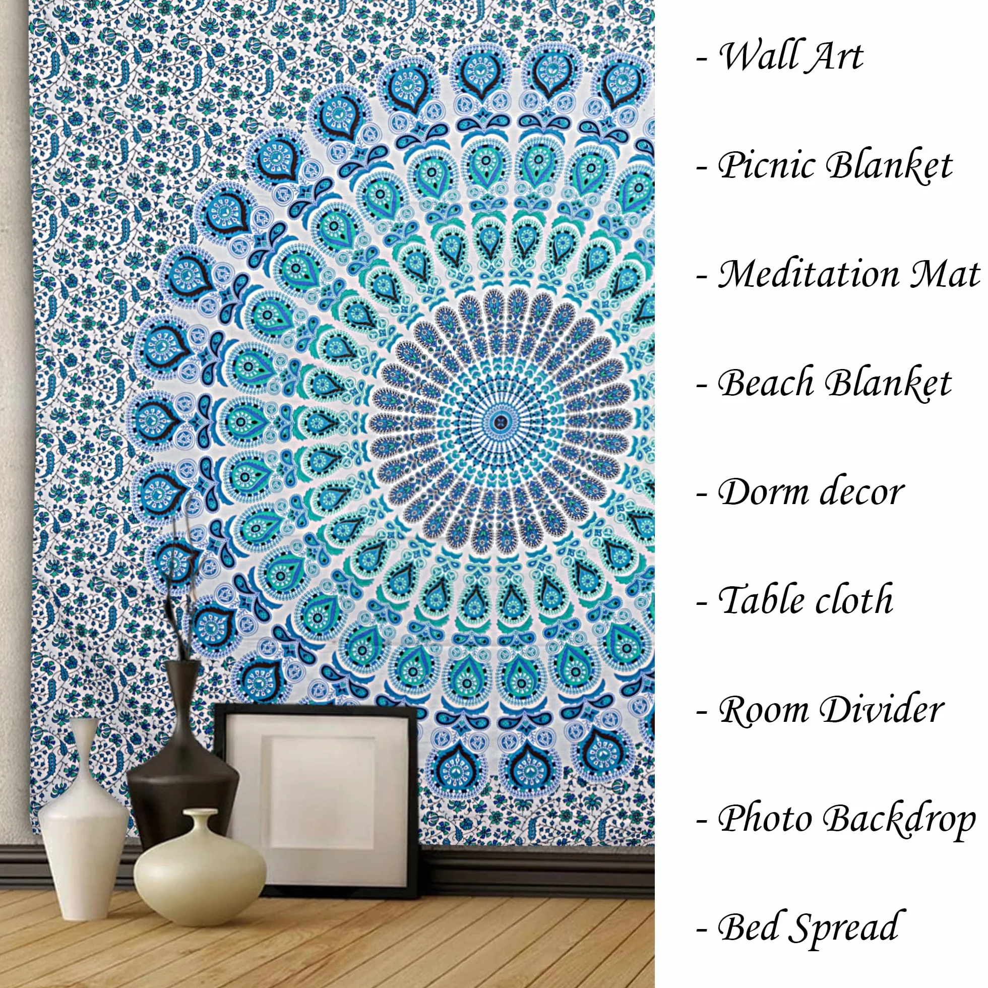 FURNISHFUL FINESSE Mandala dywan ścienny błękitny boho paw 228 x 274 cm