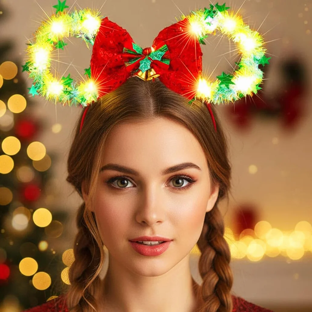 Zoestar Świecąca opaska na głowę LED opaska na uszy mysz Boże Narodzenie kokarda obręcz do włosów kostium festiwal akcesoria do włosów dla kobiet (czerwona zieleń, jeden rozmiar)