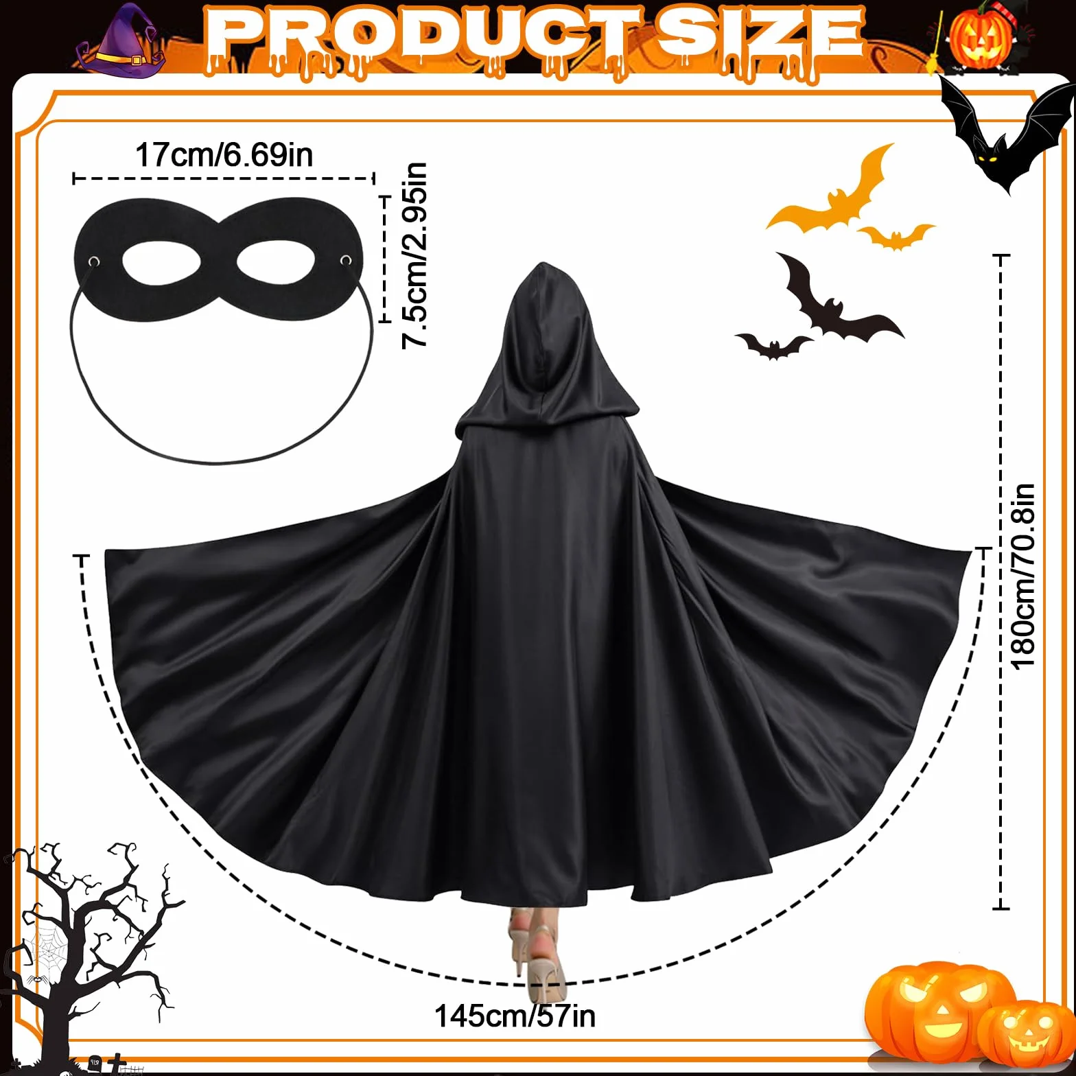 AKONE Peleryna na Halloween z kapturem, unisex, czarna, na Halloween, zestaw dla dorosłych, kostium wampira, kostium na Halloween, średniowieczny szlafrok, 180 cm