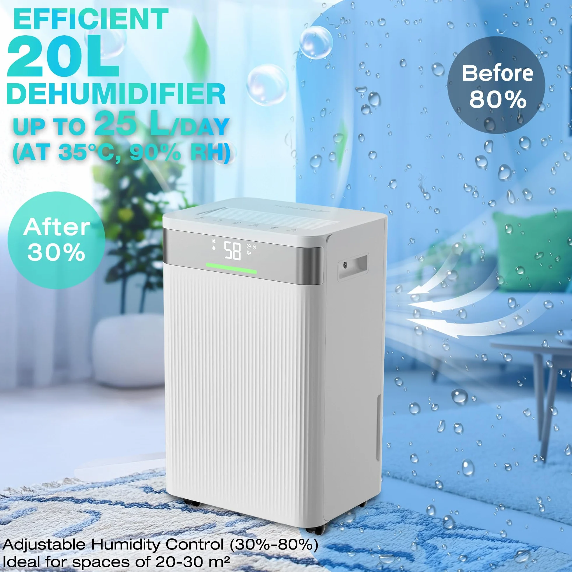 HAUSHOF Elektryczny osuszacz powietrza 20 l/dzień, 41 dB, cichy osuszacz powietrza z jonami ujemnymi, do pomieszczenia 30 m², zbiornik 4,5 l i wskaźnik LED, 3 tryby pracy, przenośny osuszacz do